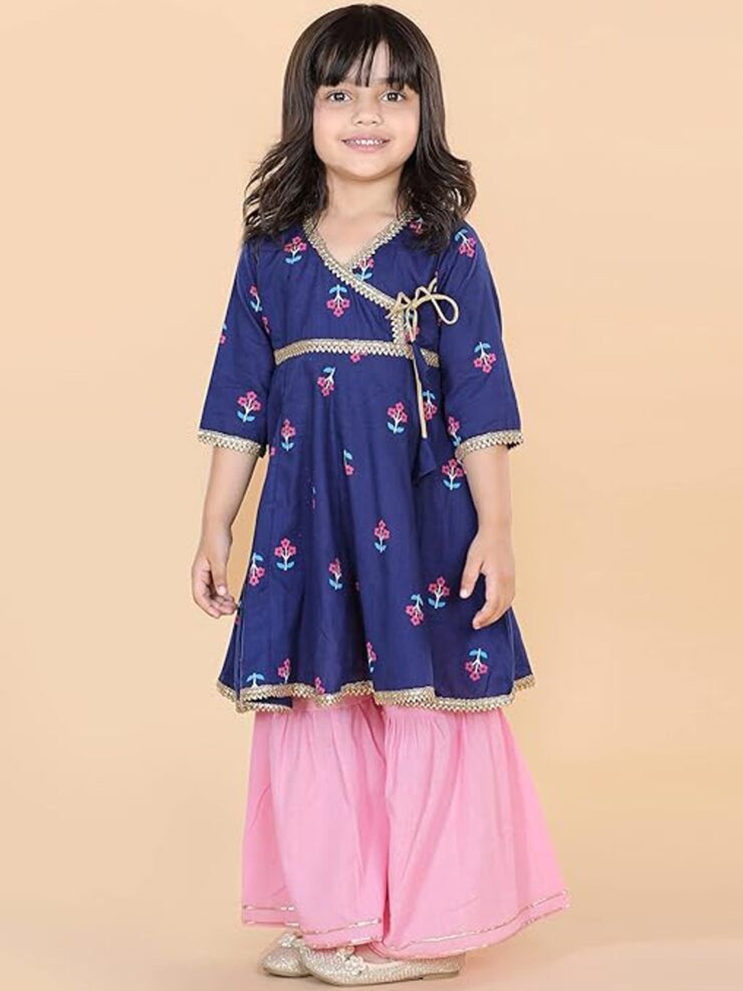 

BAESD Girls Ethnic Motifs Printed Angrakha Gotta Patti Pure Cotton Kurta With Sharara, Blue