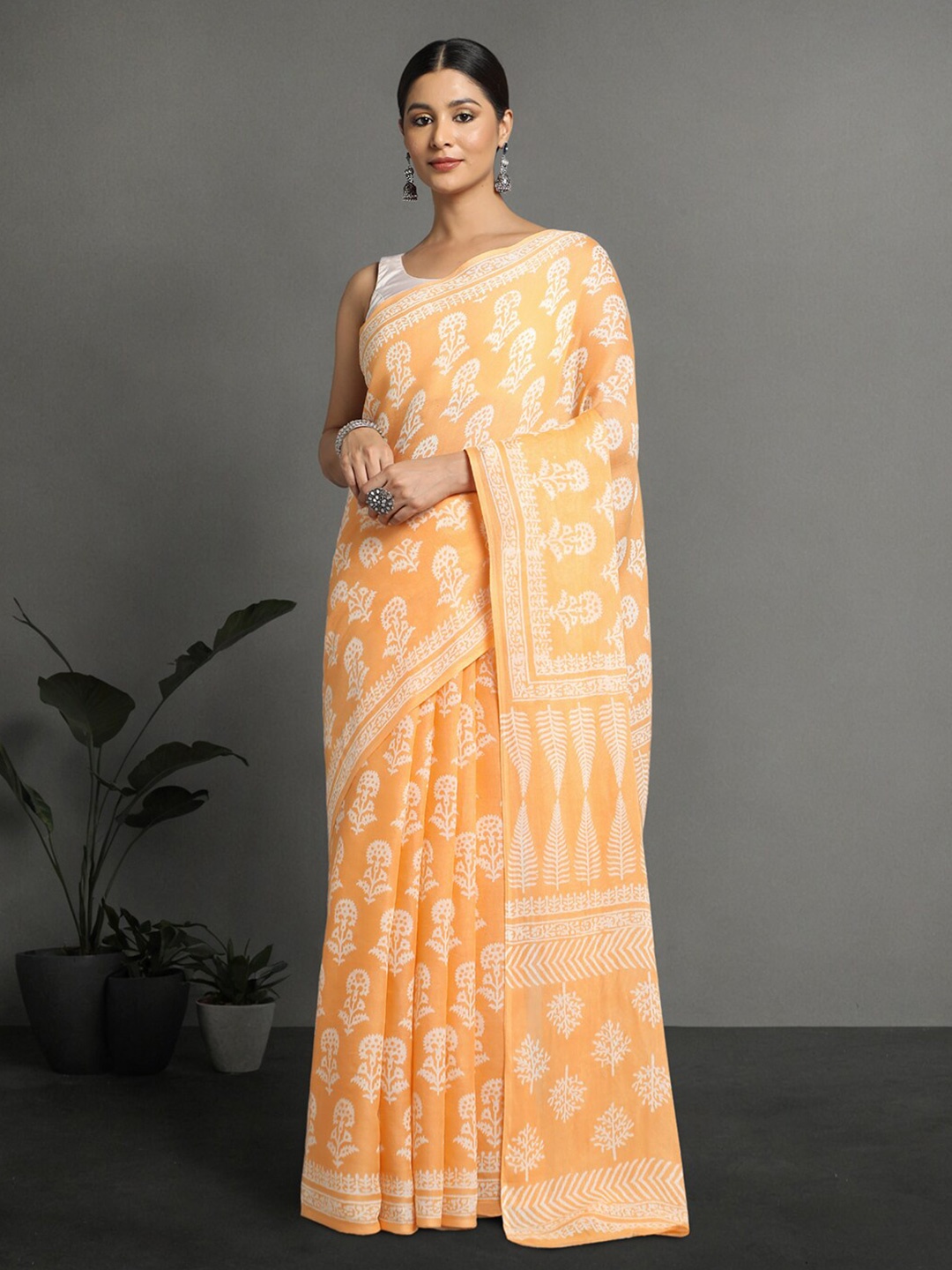 

KALINI Floral Pure Linen Block Print Saree, Orange