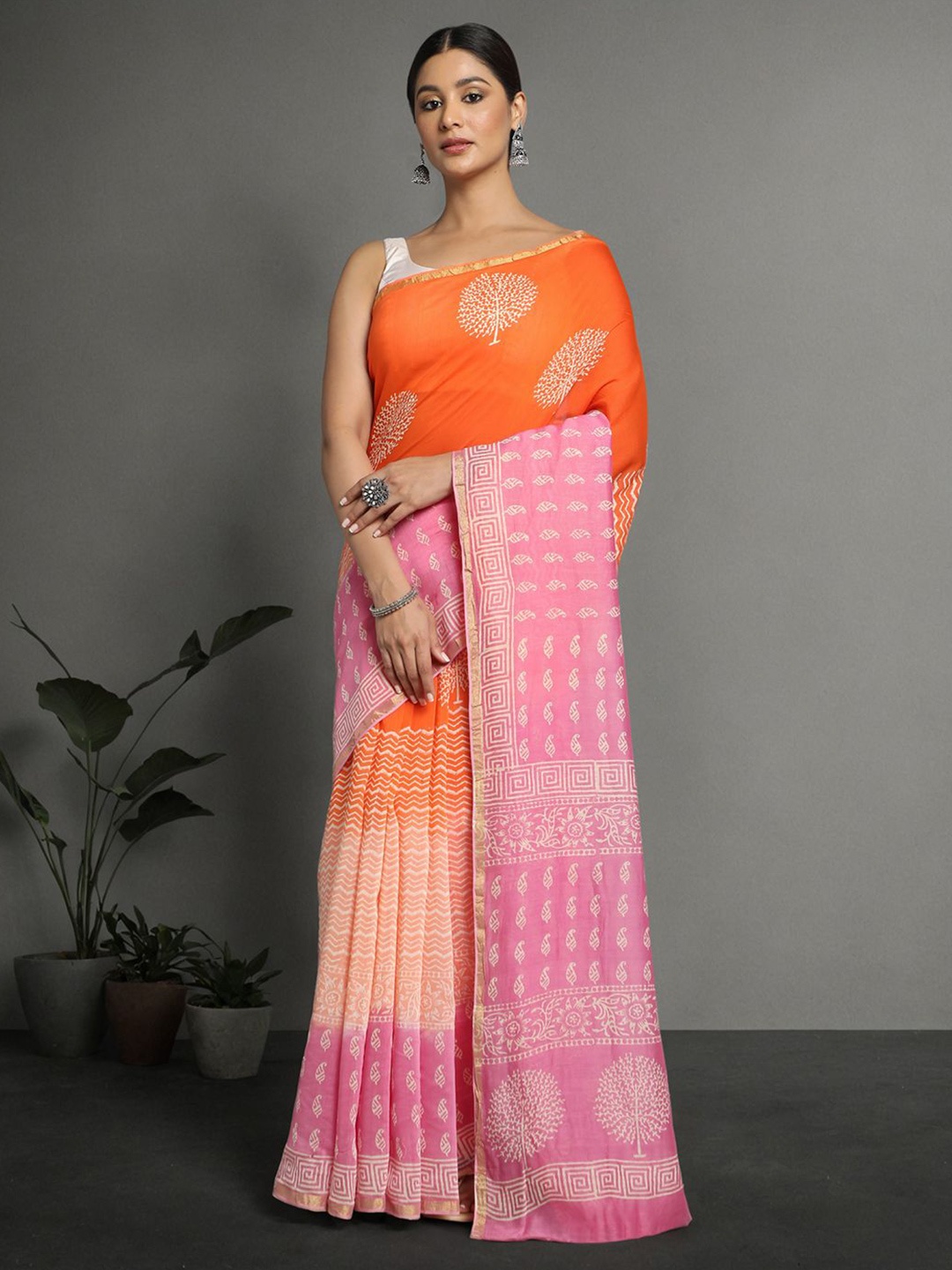 

KALINI Ethnic Motifs Pure Cotton Block Print Saree, Pink