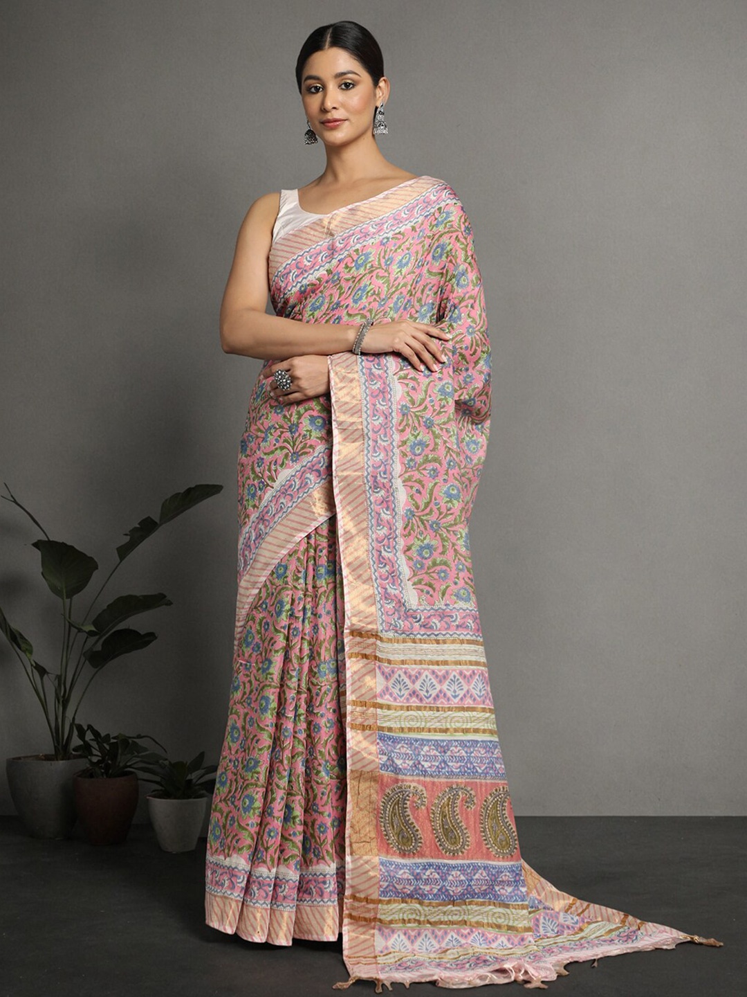 

KALINI Paisley Zari Pure Cotton Block Print Saree, Pink