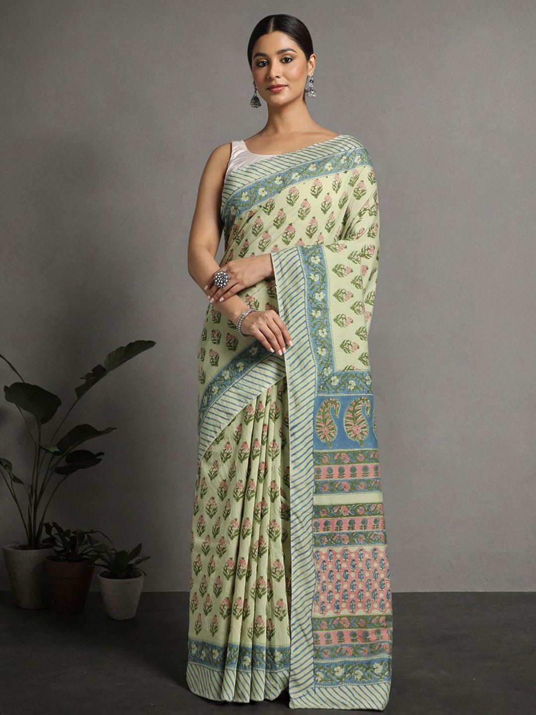 

KALINI Floral Pure Cotton Block Print Saree, Green