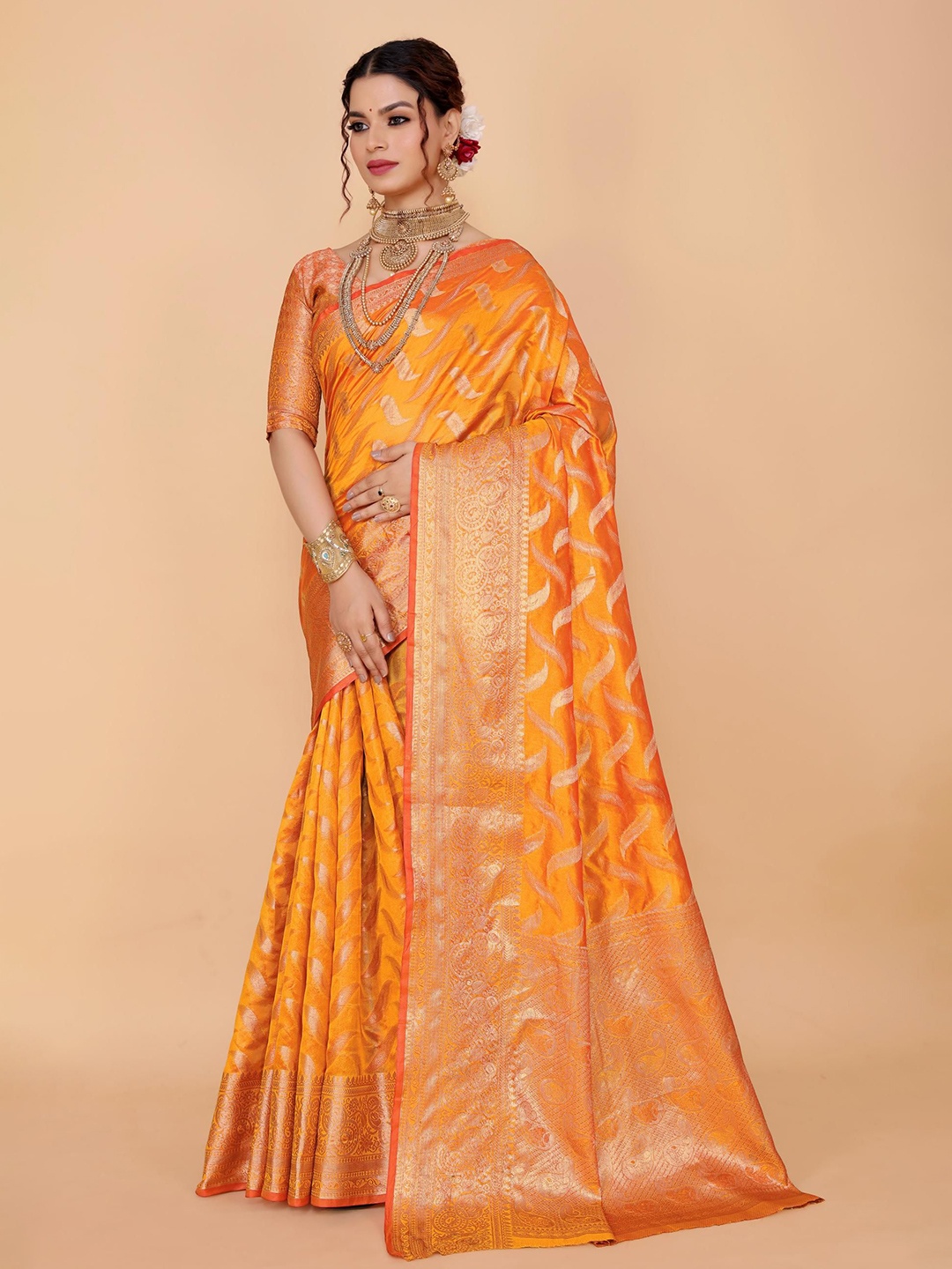 

AKSH FASHION Woven Design Zari Organza Banarasi Saree, Orange