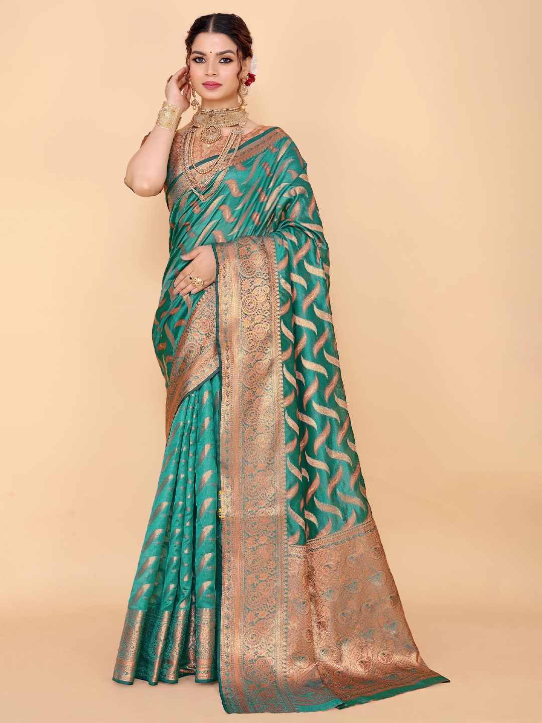 

AKSH FASHION Woven Design Zari Organza Banarasi Saree, Turquoise blue