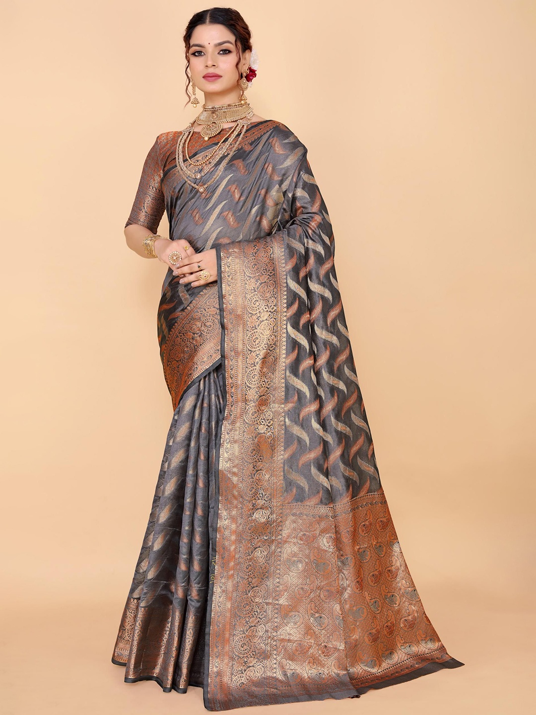 

AKSH FASHION Woven Design Zari Organza Banarasi Saree, Grey