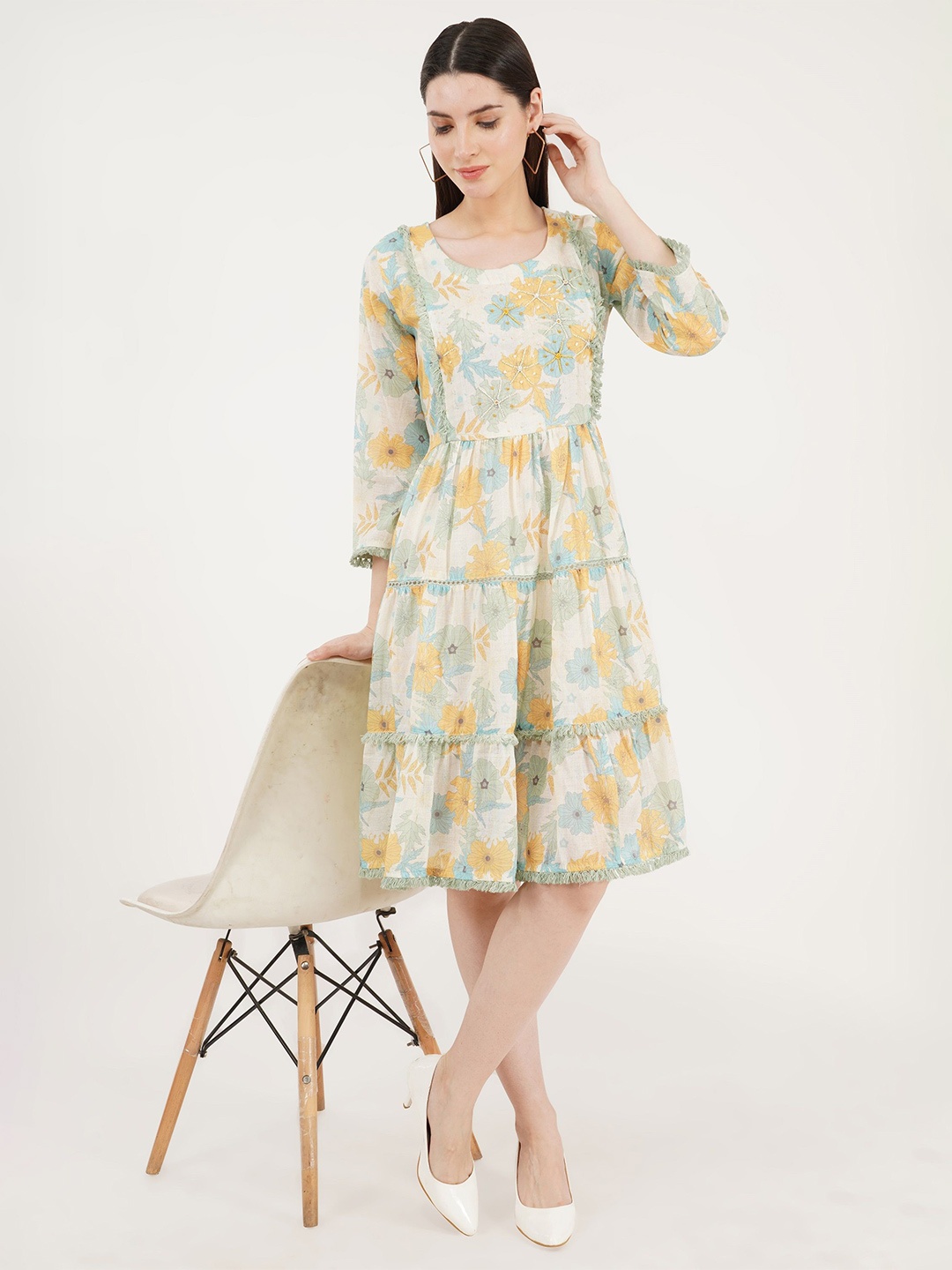 

Sonnesta Women Round Neck Floral Printed Cotton Fit & Flare Dress, Cream