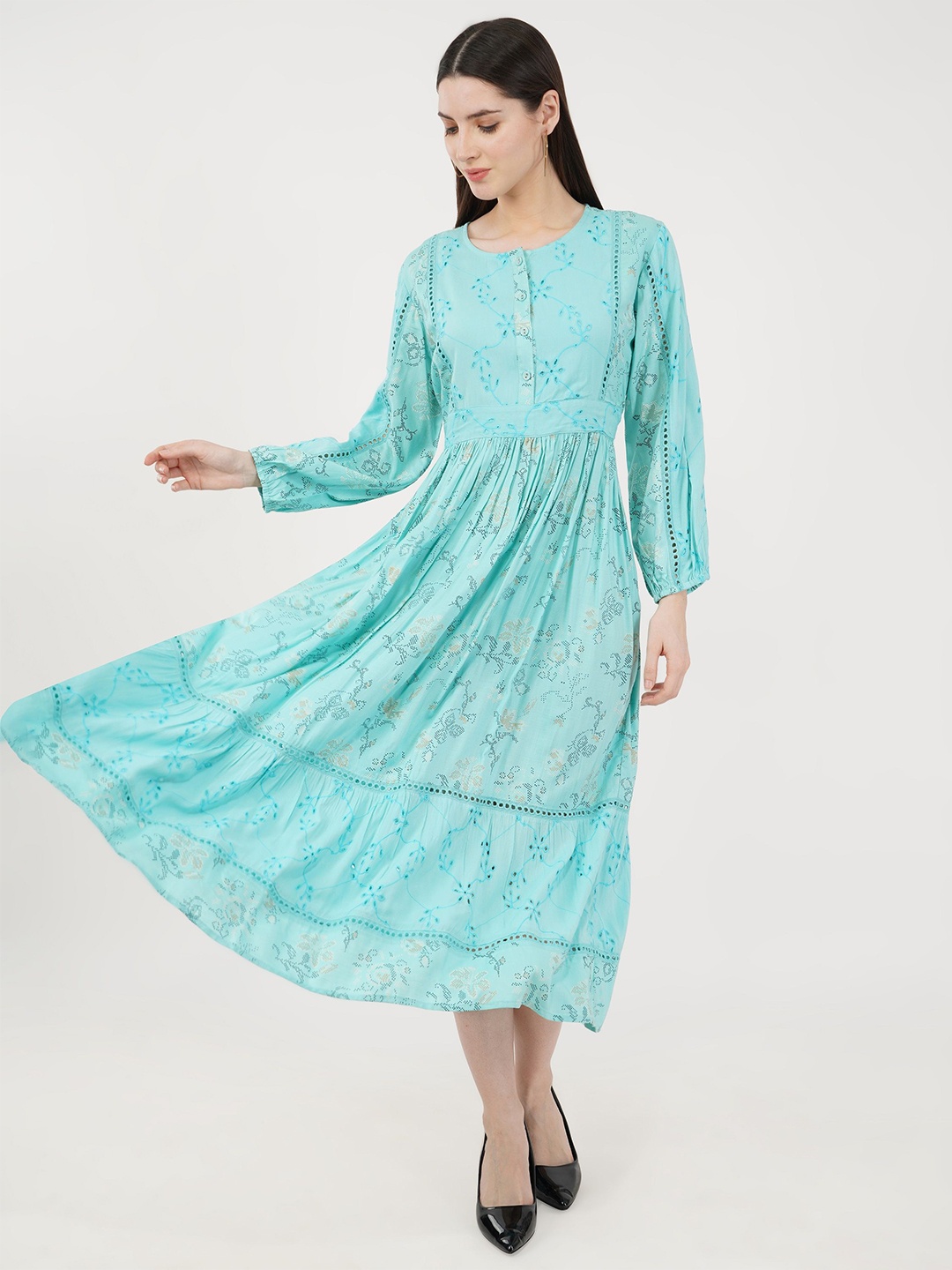

Sonnesta Ethnic Motifs Print Puff Sleeve Cotton Fit & Flare Midi Dress, Turquoise blue