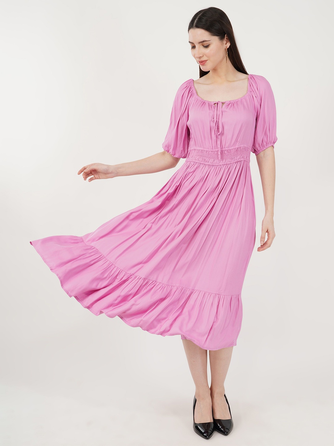 

Sonnesta Tie-Up Neck Cotton Fit & Flare Midi Dress for women, Pink