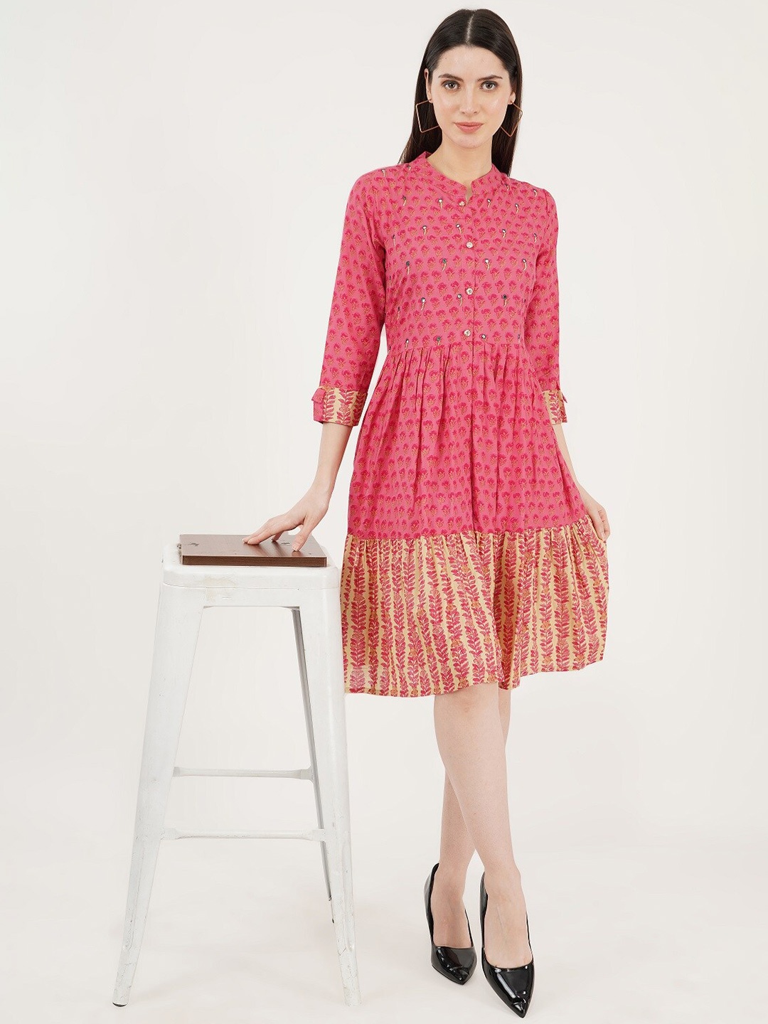 

Sonnesta Ethnic Motifs Print Mandarin Collar Cotton Fit & Flare Dress, Pink