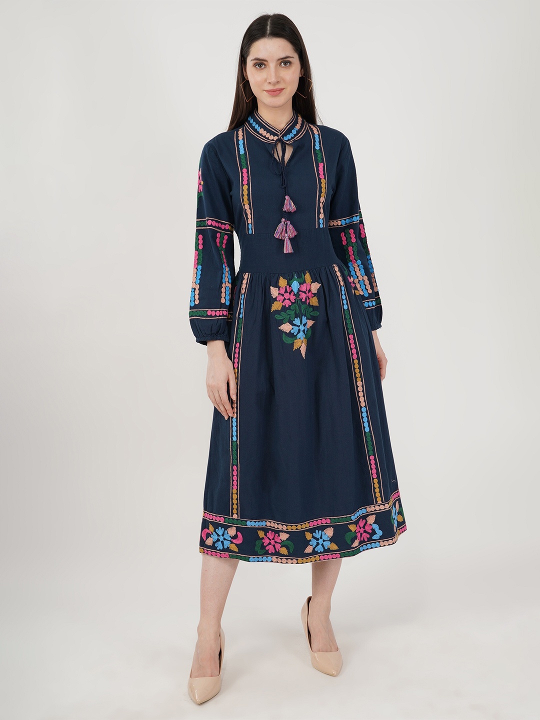 

Sonnesta Women Floral Embroidered Tie-Up Neck Cotton Fit & Flare Midi Dress, Blue
