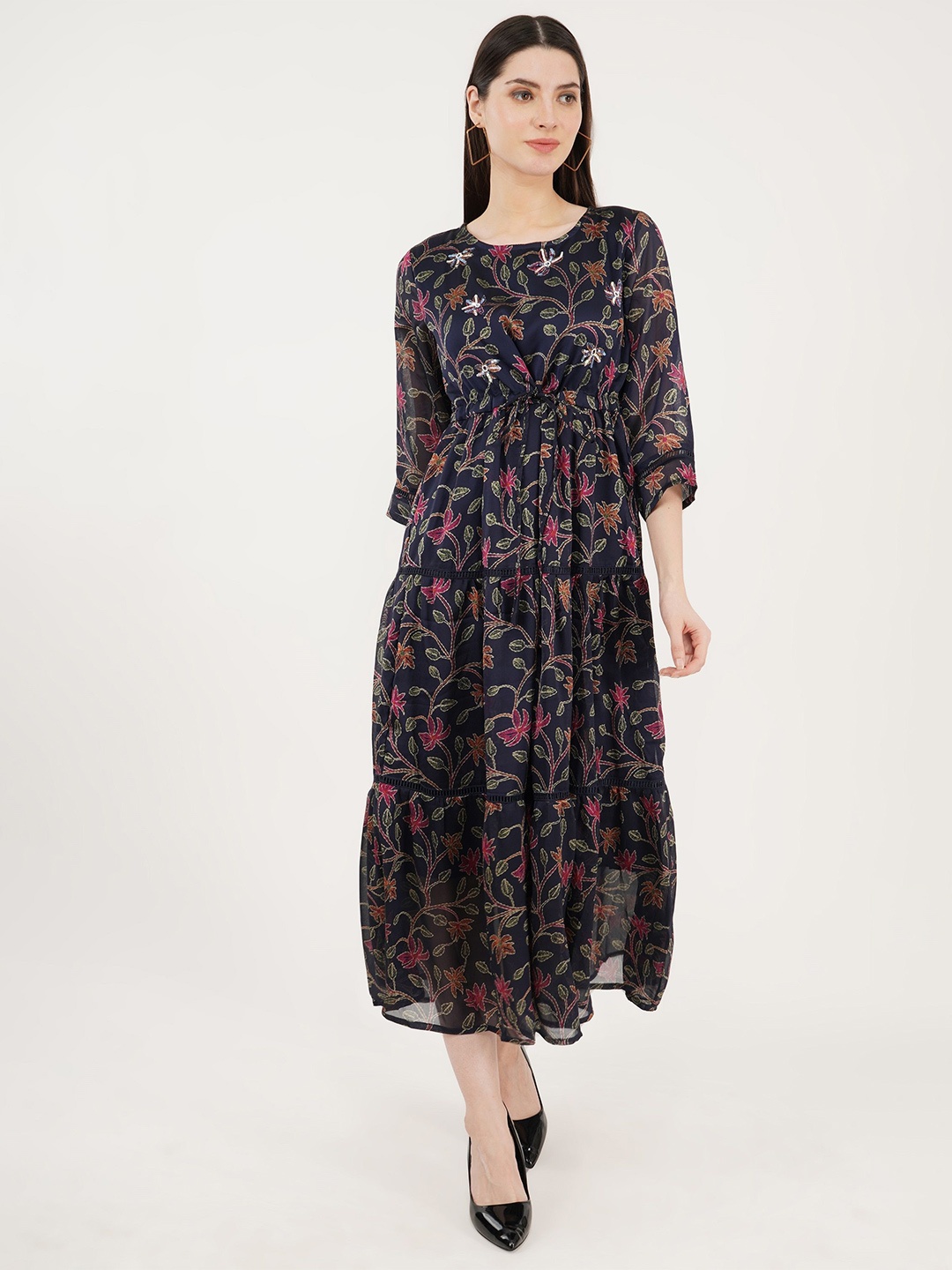 

Sonnesta Round Neck Floral Print Cotton Fit & Flare Midi Dress, Blue