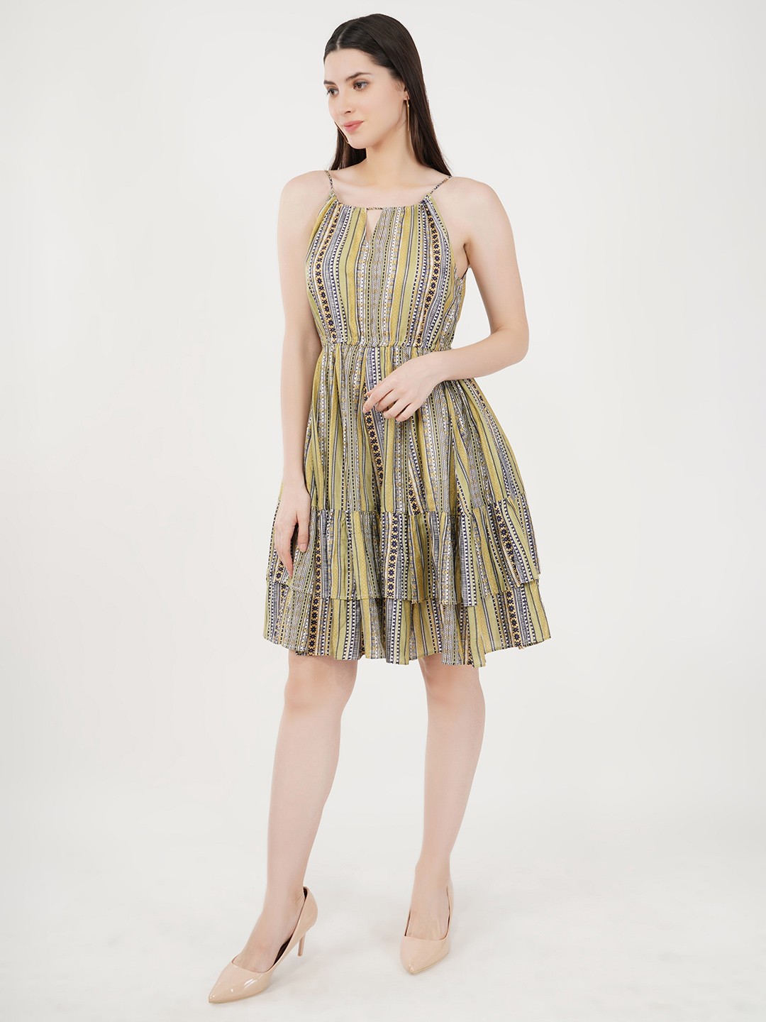 

Sonnesta Women Striped Shoulder Straps Cotton Fit & Flare Dress, Green