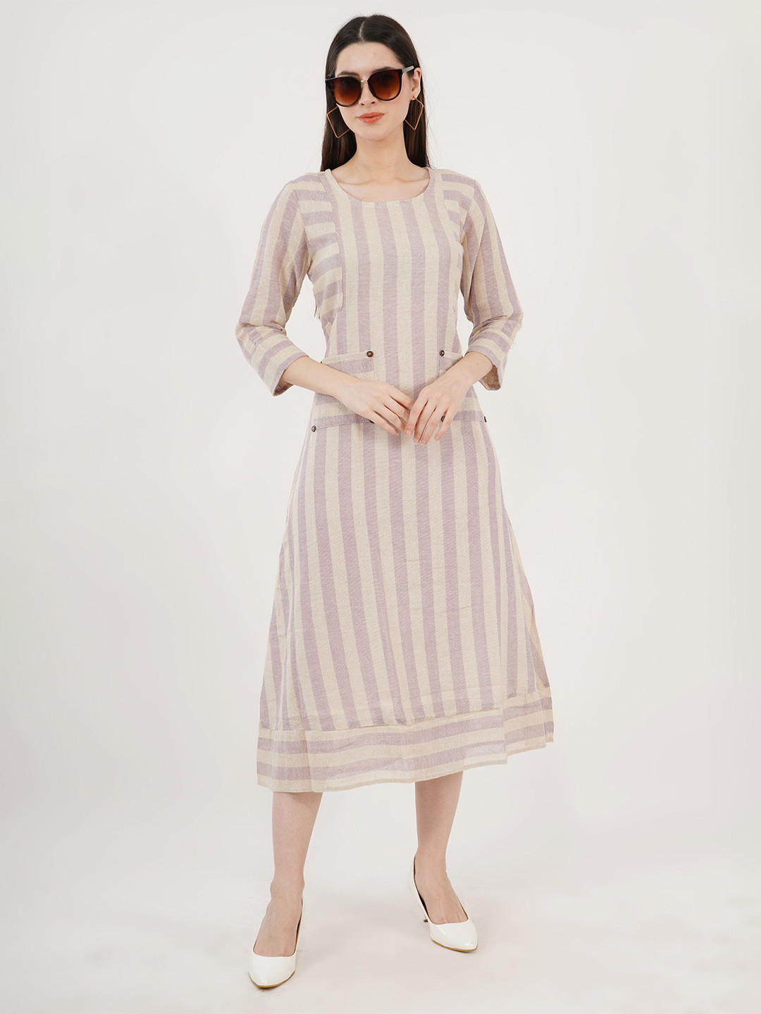 

Sonnesta Striped Round Neck Cotton A-Line Midi Dress For Women, Cream