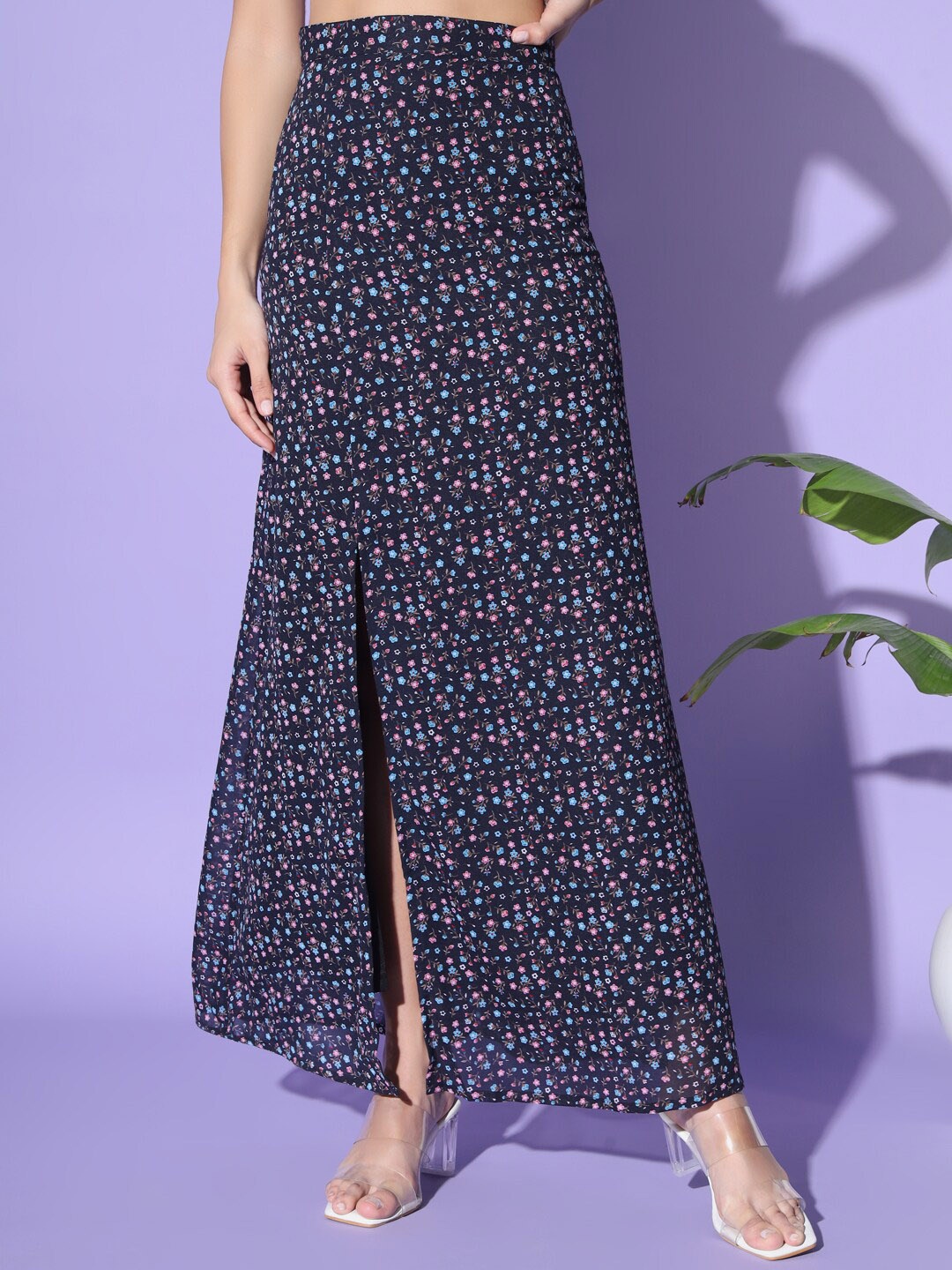 

Trend Arrest Floral Printed Side Slit A-line Skirt, Navy blue