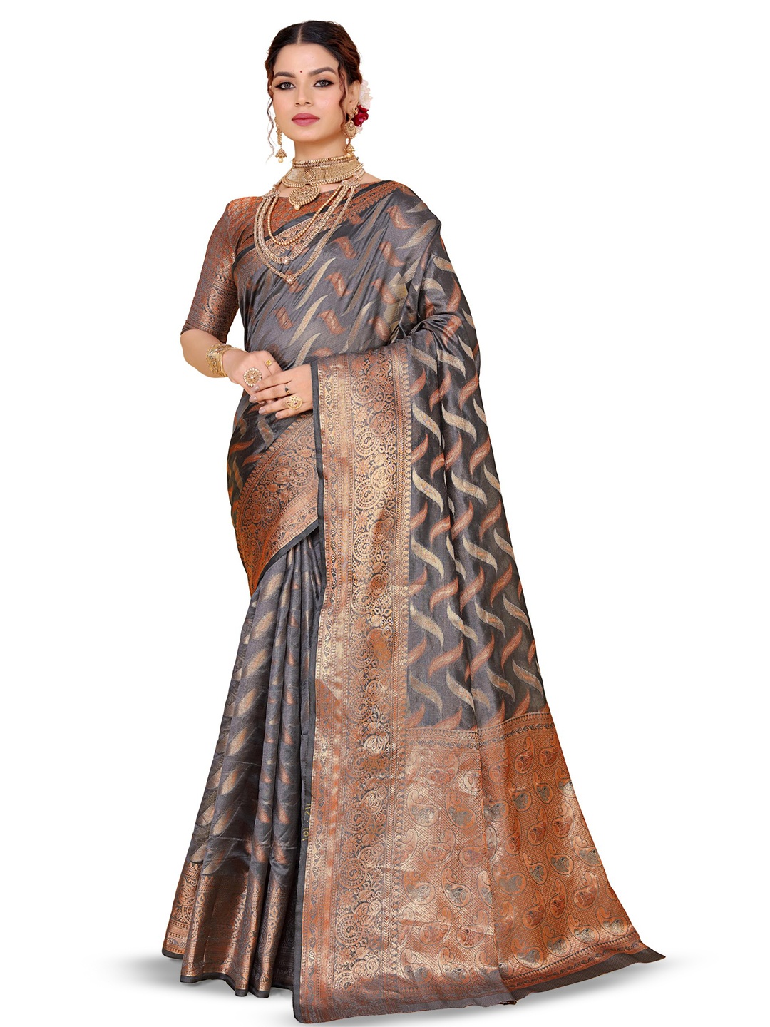 

AKSH FASHION Woven Design Zari Organza Banarasi Saree, Grey