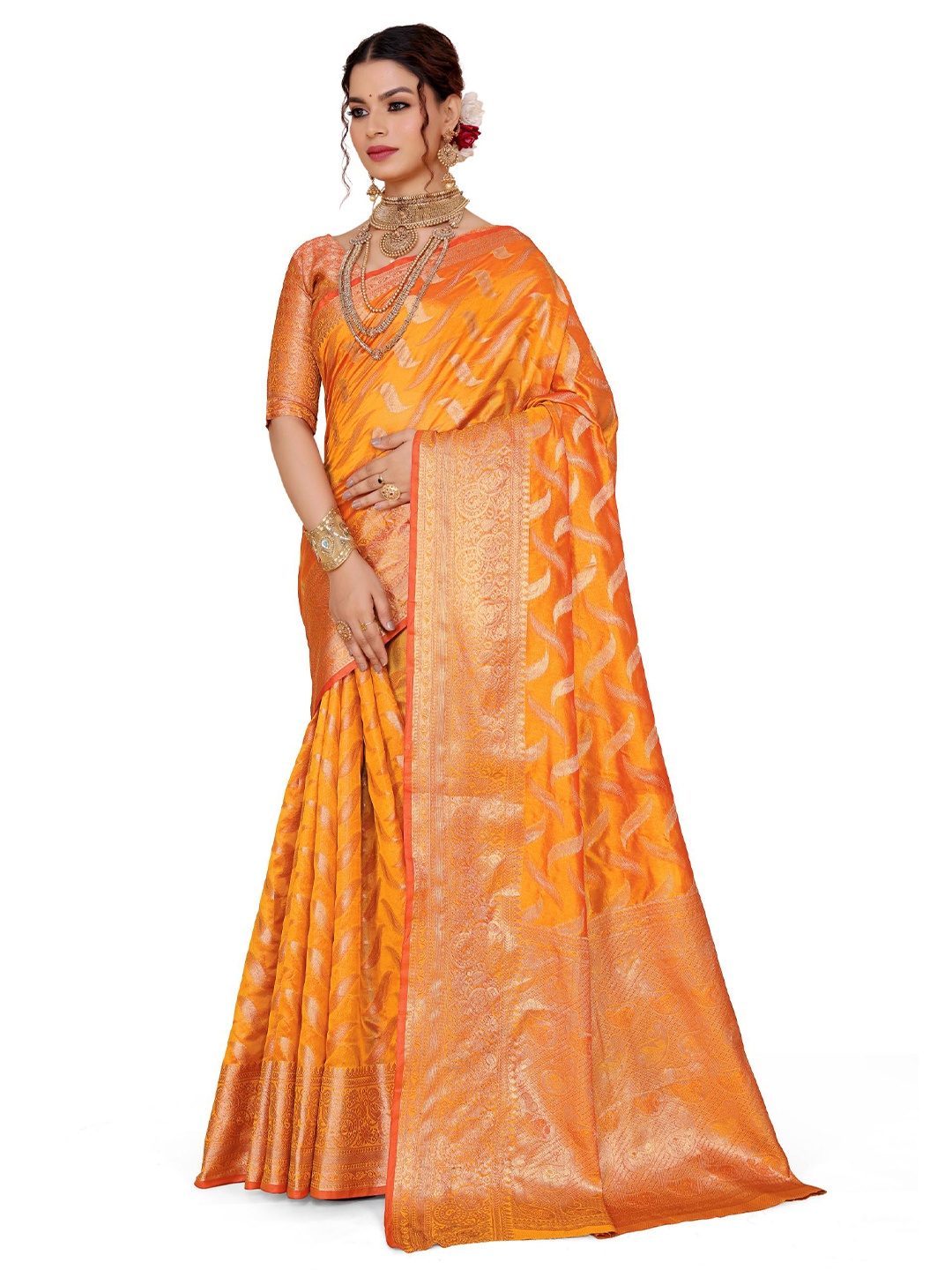 

AKSH FASHION Woven Design Zari Organza Banarasi Saree, Mustard