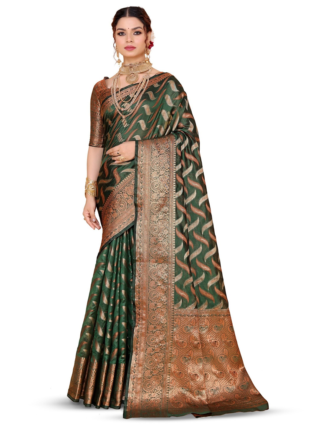 

AKSH FASHION Woven Design Zari Organza Banarasi Saree, Green
