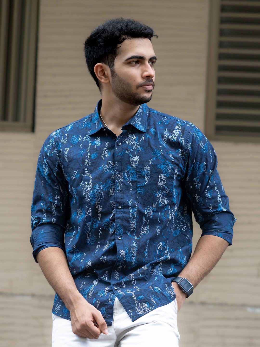

URBARO Smart Slim Fit Abstract Printed Cutaway Collar Pure Cotton Casual Shirt, Blue