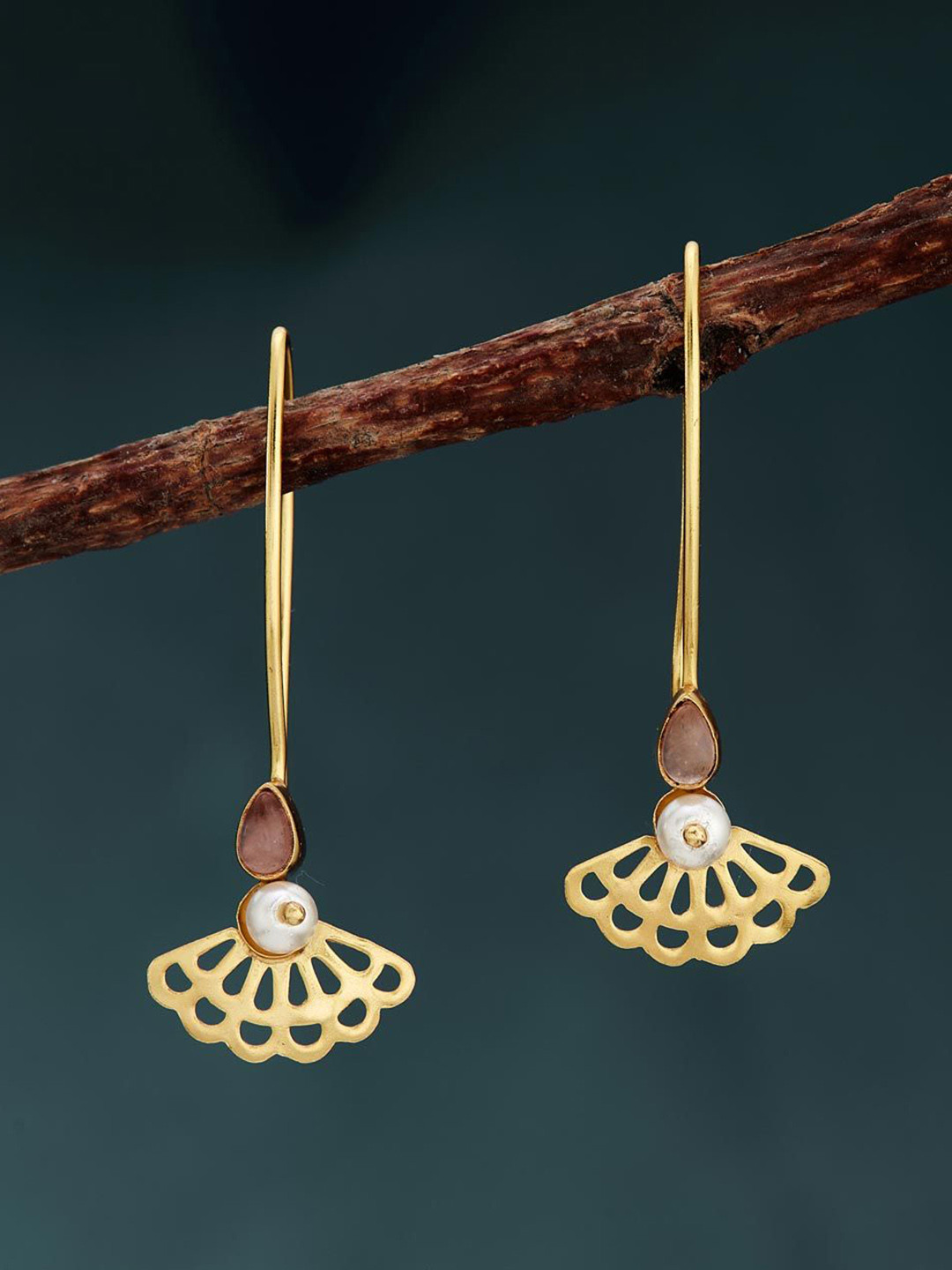 

Fabindia Stone-Studded & Beaded Silver Contemporary Drop Earrings, Gold