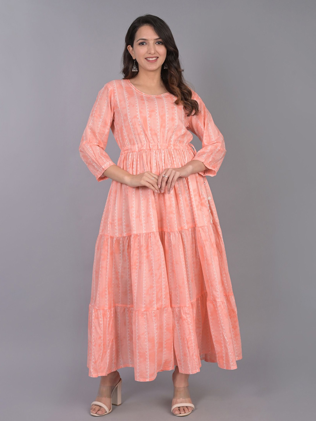 

SHOOLIN Striped Round Neck Cotton Fit & Flare Dress, Peach