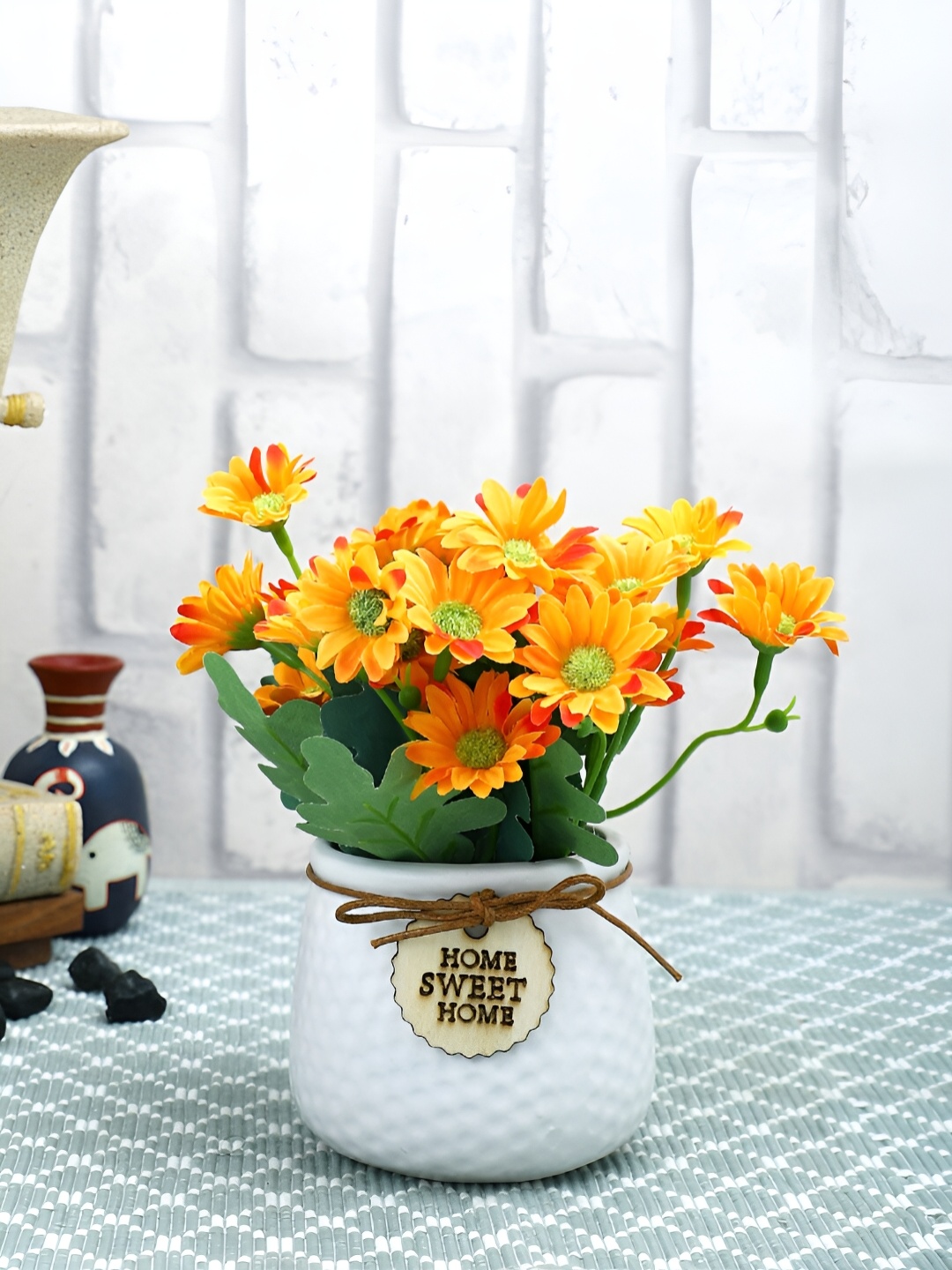 

TAYHAA Orange & Green Daisy Artificial Flower With Pot
