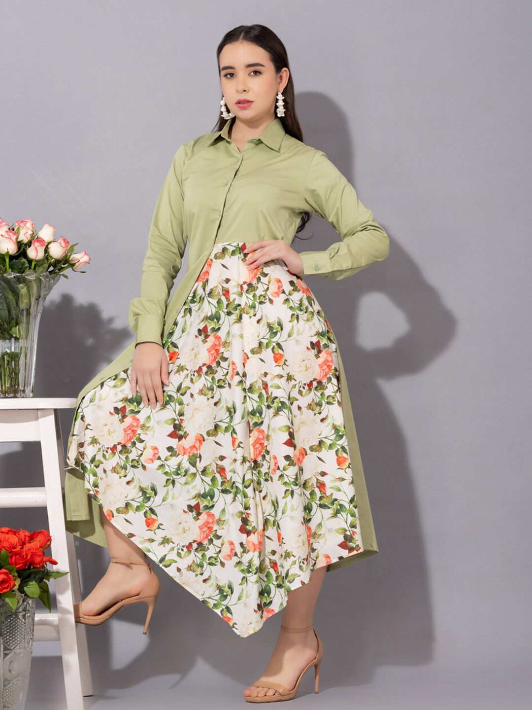 

KOVET Rosarium Floral Printed Shirt Collar Cotton A-Line Midi Asymmetrical Dress, Green