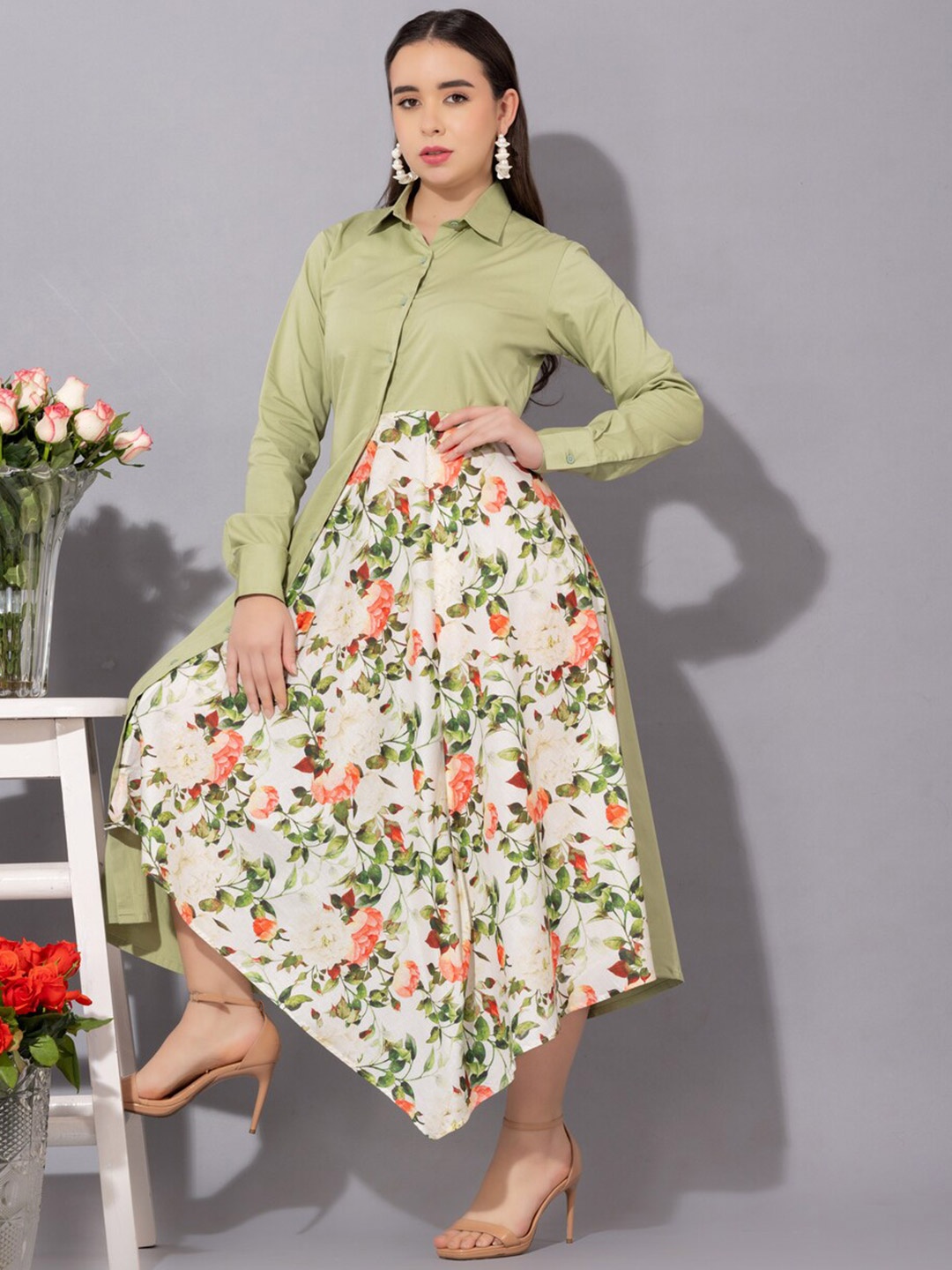 

KOVET Rosarium Floral Printed Shirt Collar Cotton A-Line Midi Asymmetrical Dress, Lime green