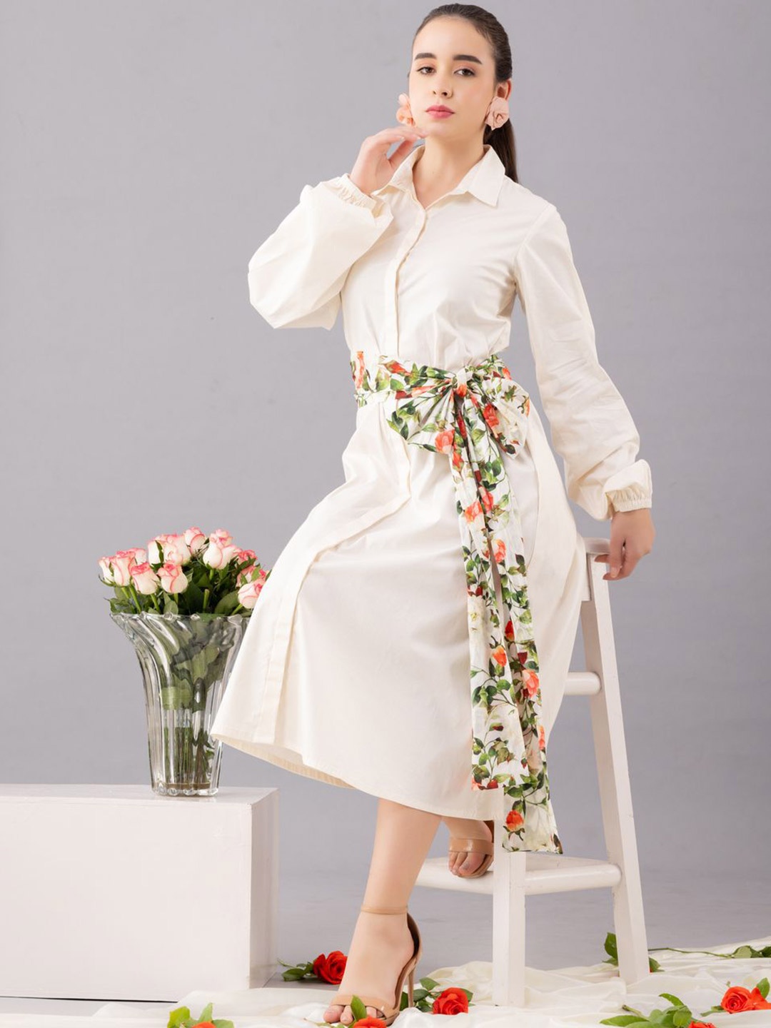 

KOVET Rosarium Cuffed Sleeves Cotton Shirt Dress With Floral Printed Belt, White