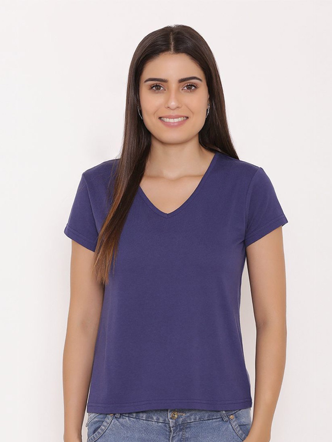 

Yaadleen V-Neck Cotton Casual T-shirt, Navy blue
