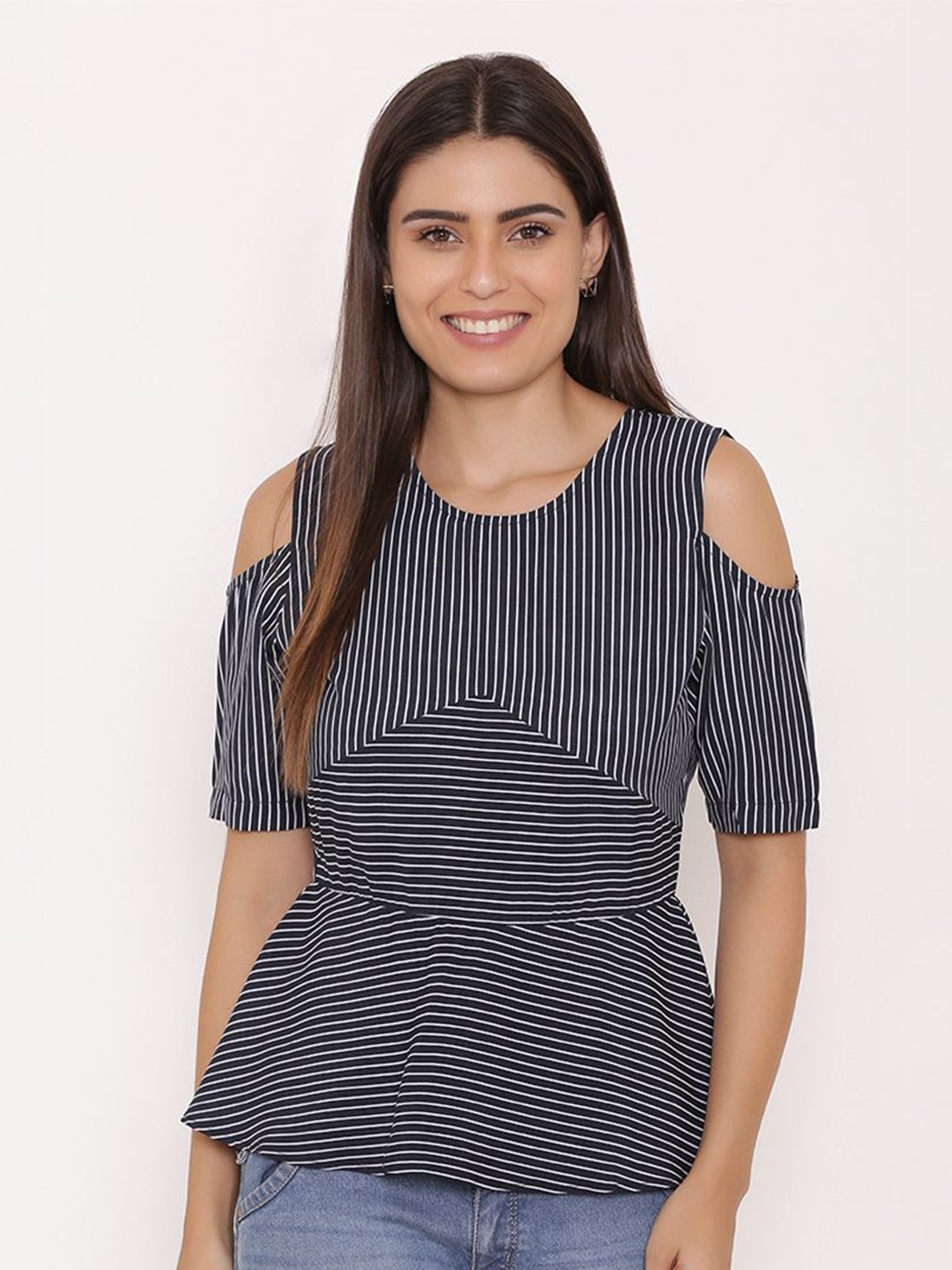 

Yaadleen Striped Cold-Shoulder Sleeves Peplum Top, Navy blue