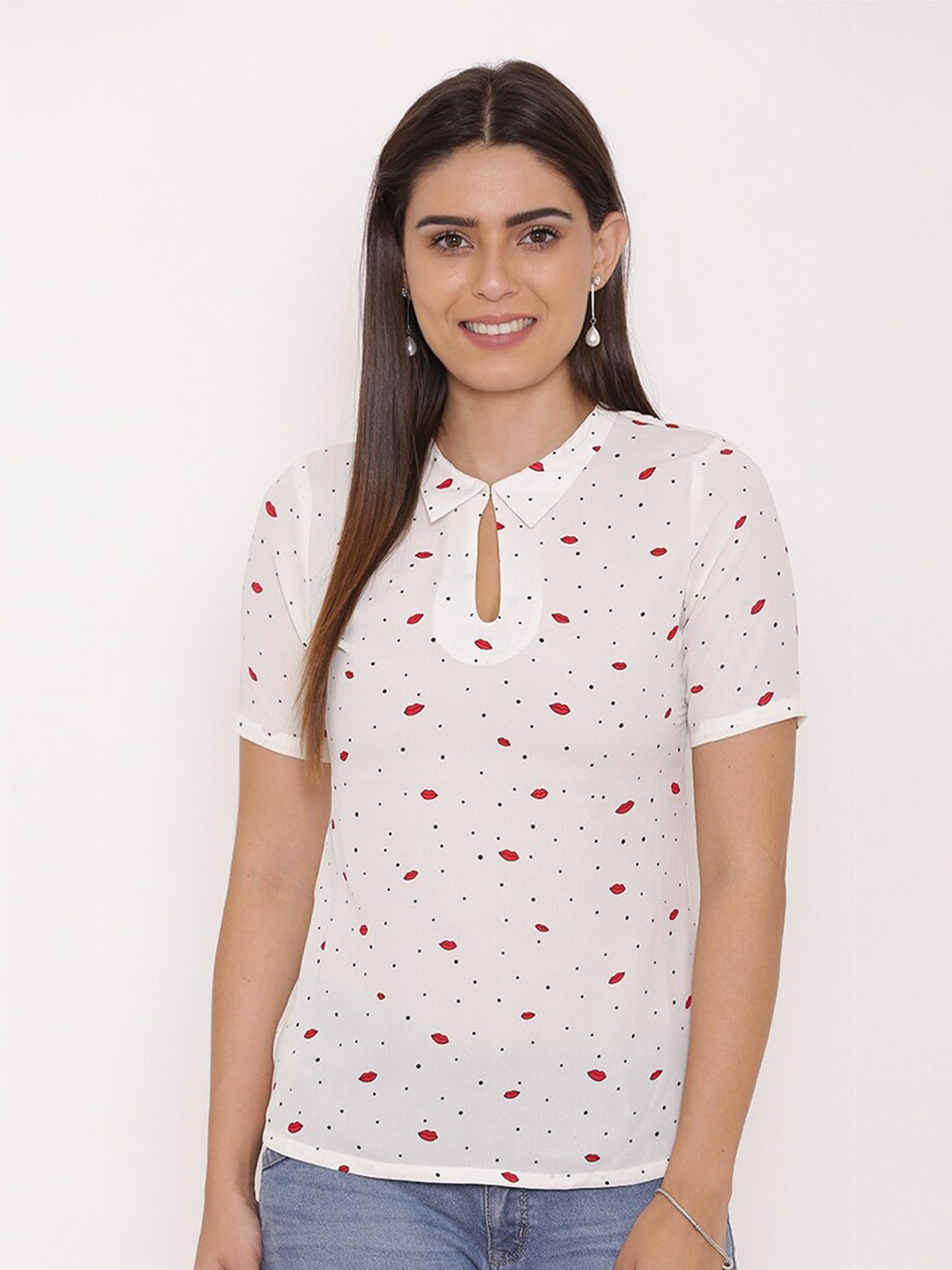 

Yaadleen Conversational Printed Keyhole Neck Top, White