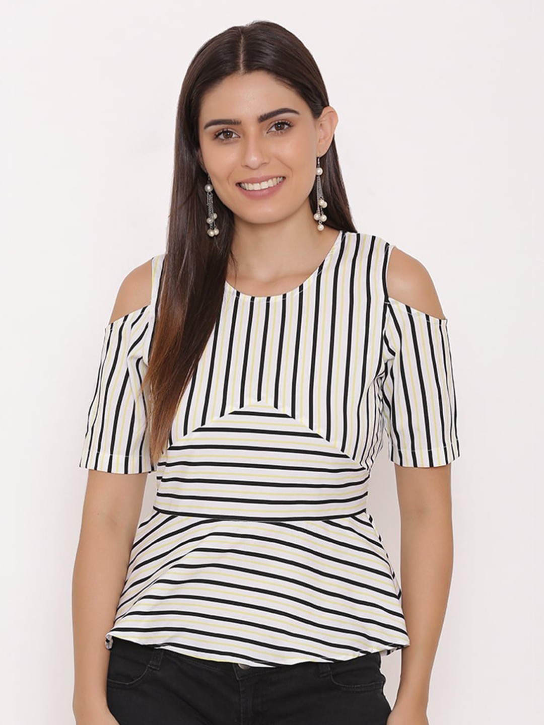 

Yaadleen Striped Cold-Shoulder Peplum Top, White