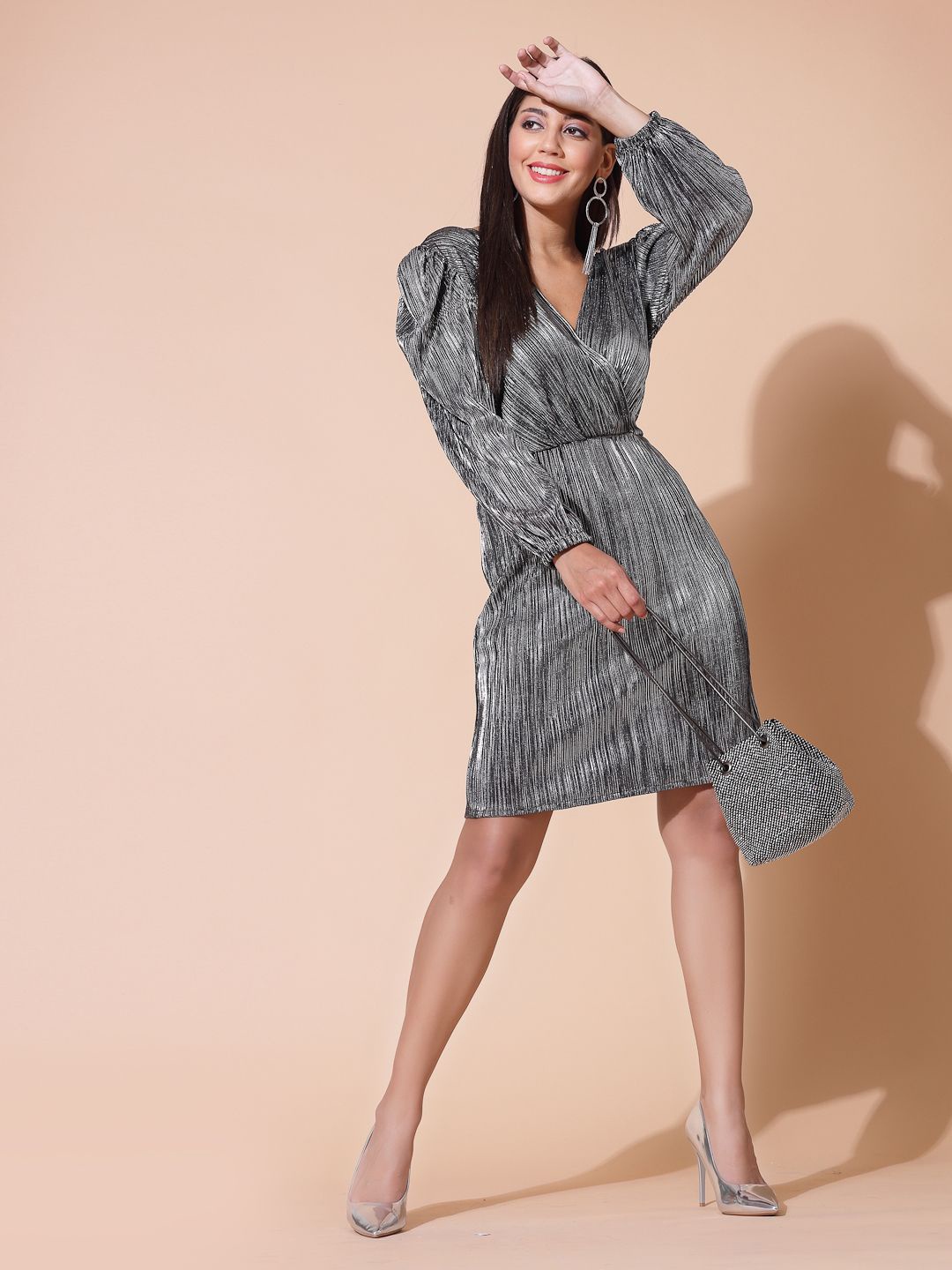 

BAESD Striped Self Design V-Neck Cuffed Sleeves Straight Wrap Dress, Black
