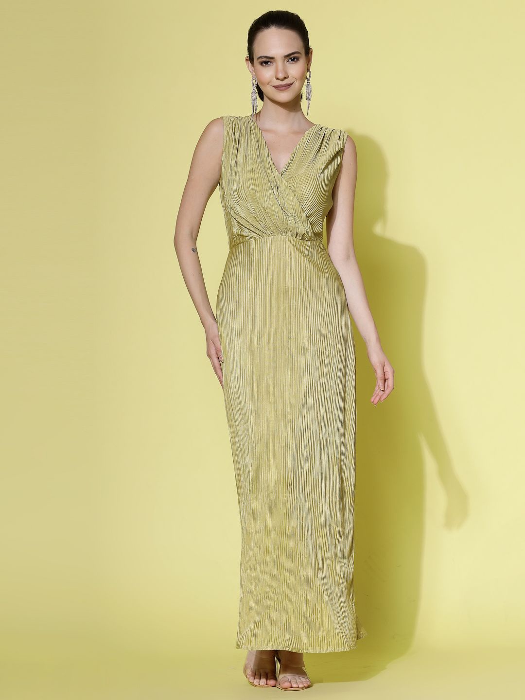 

BAESD Striped Self Design V-Neck Straight Maxi Dress, Green
