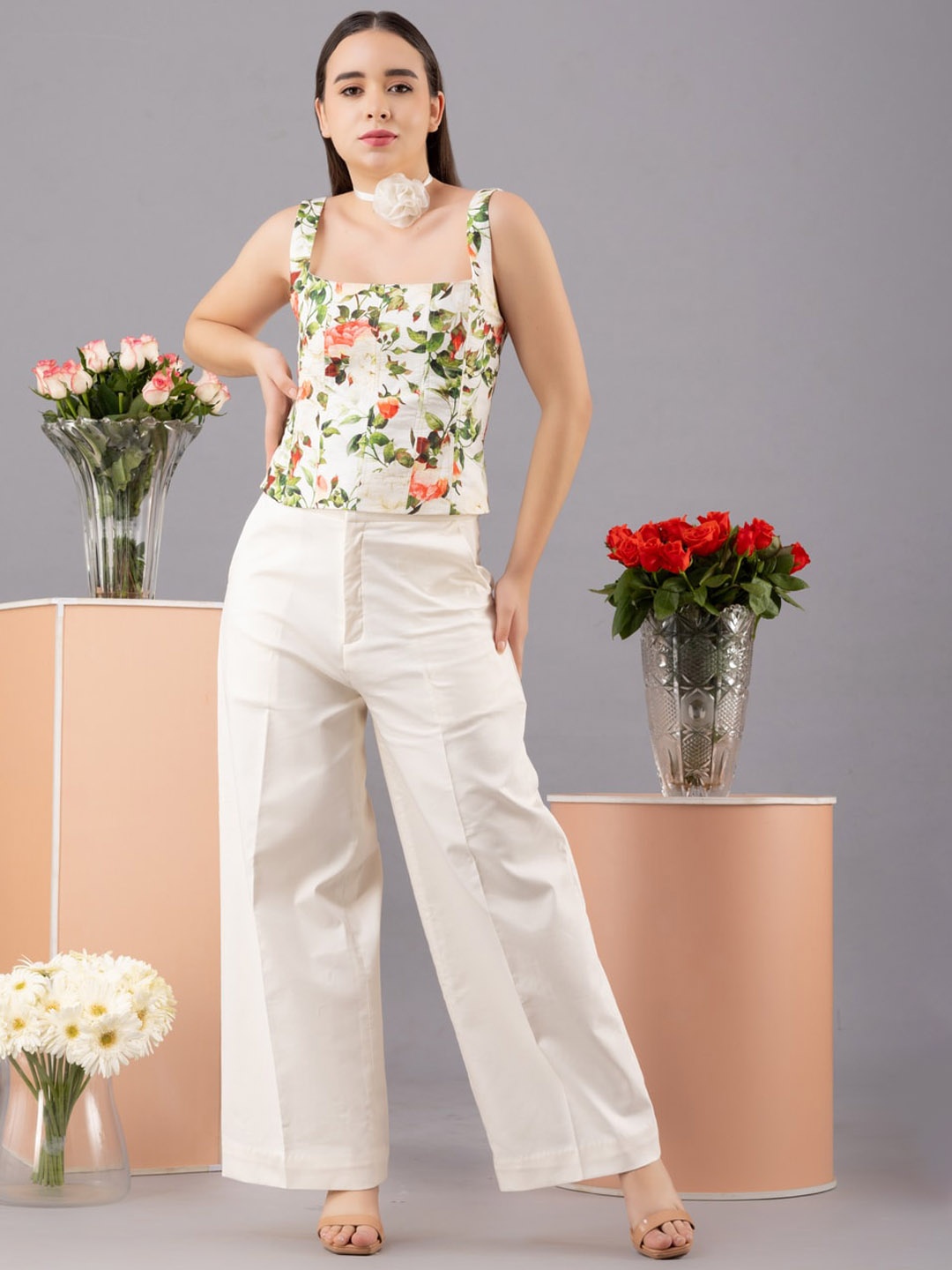 

KOVET Women Relaxed Loose Fit High-Rise Parallel Trousers, White