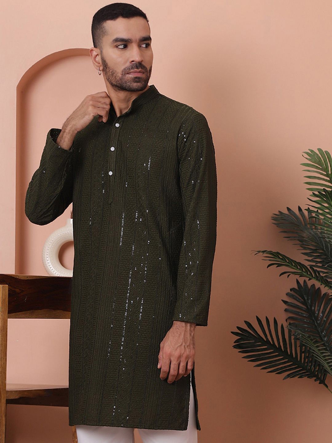 

Anouk Olive Ethnic Motifs Embroidered Band Collar Sequinned Regular Kurta