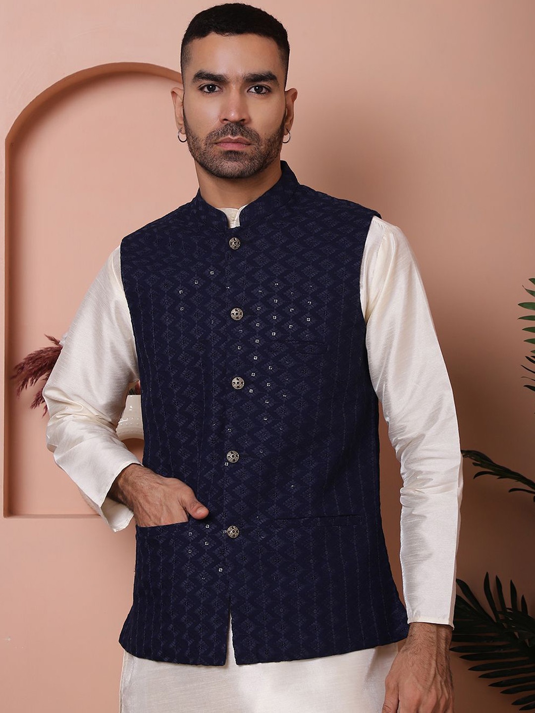 

Anouk Embroidered Mandarin Collar Sequinned Nehru Jacket, Navy blue