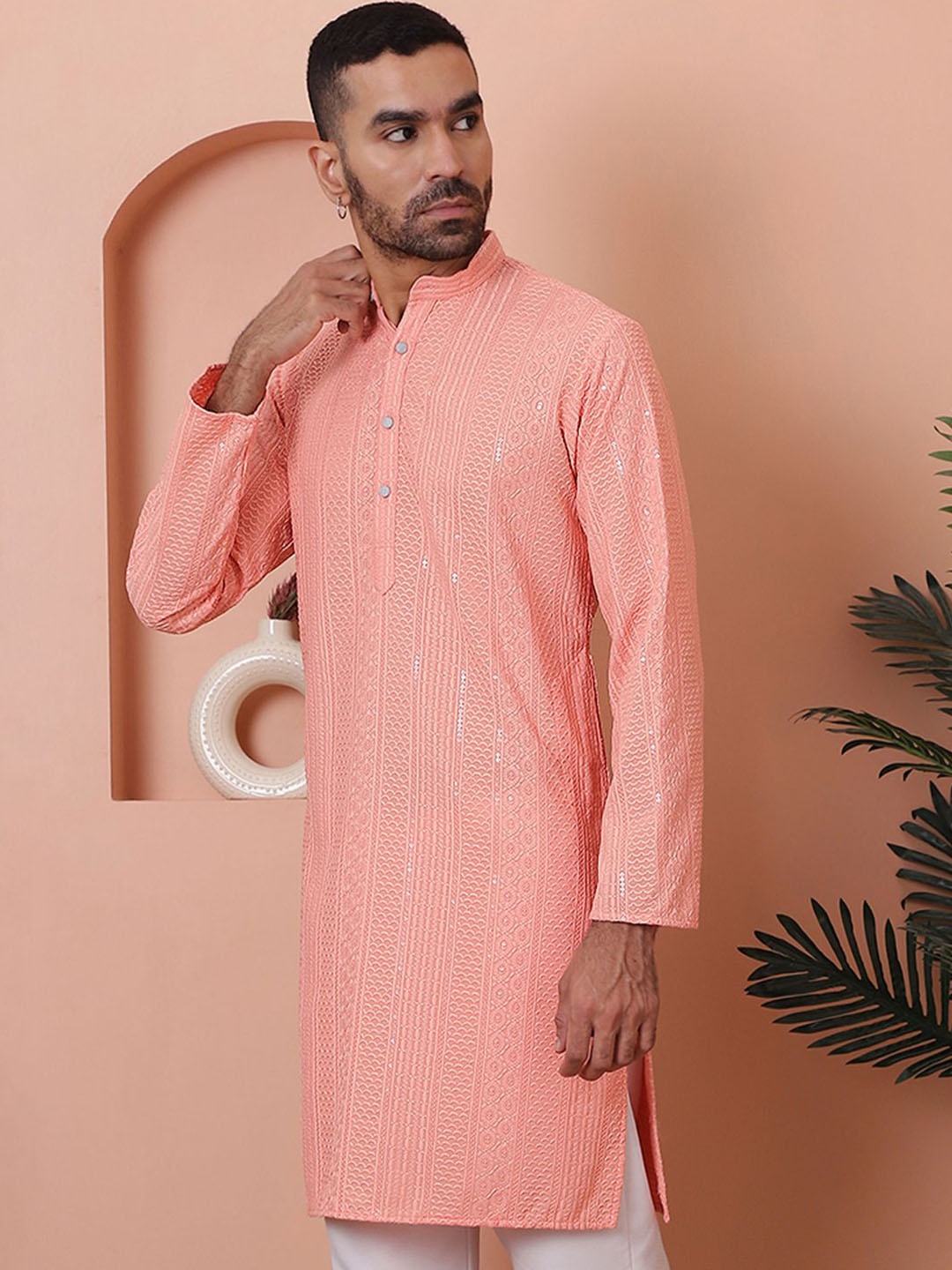 

Anouk Striped Sequinsed Mandarin collar Kurta, Peach