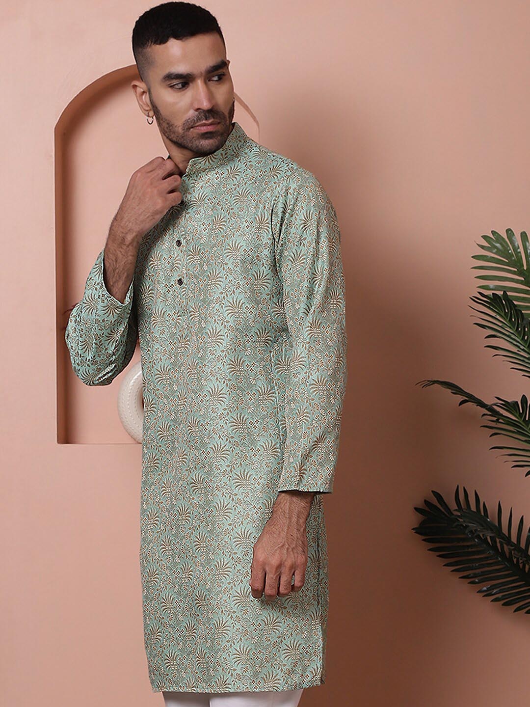 

Anouk Green Ethnic Motifs Self Design Band Collar Zari Jacquard Cotton Silk Kurta