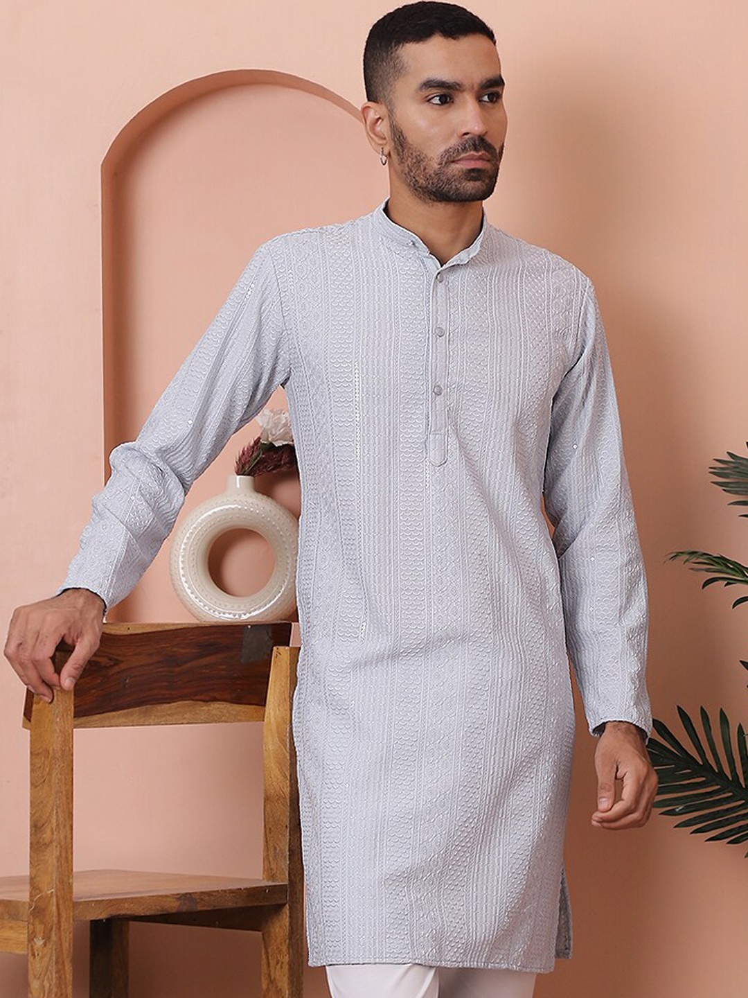 

Anouk Geometric Woven Design Thread Work Straight Kurta, Grey