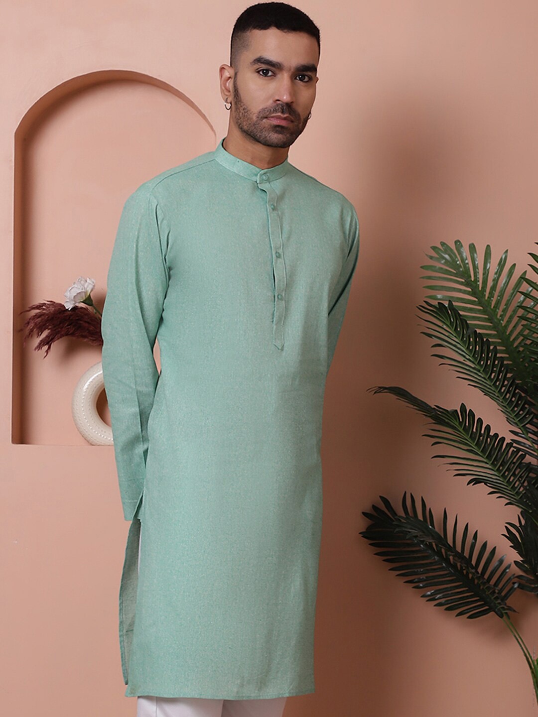 

Anouk Solid Band Collar Cotton Kurta, Green