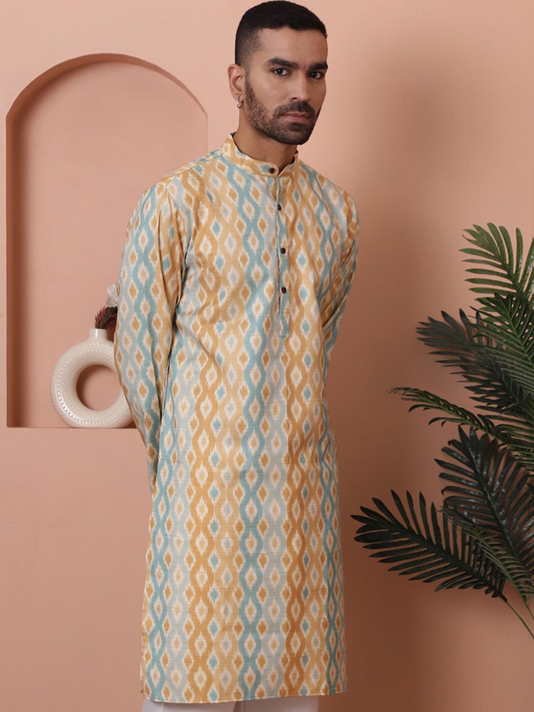 

Anouk Yellow Ethnic Motifs Printed Band Collar Straight Pure Cotton Regular Kurta