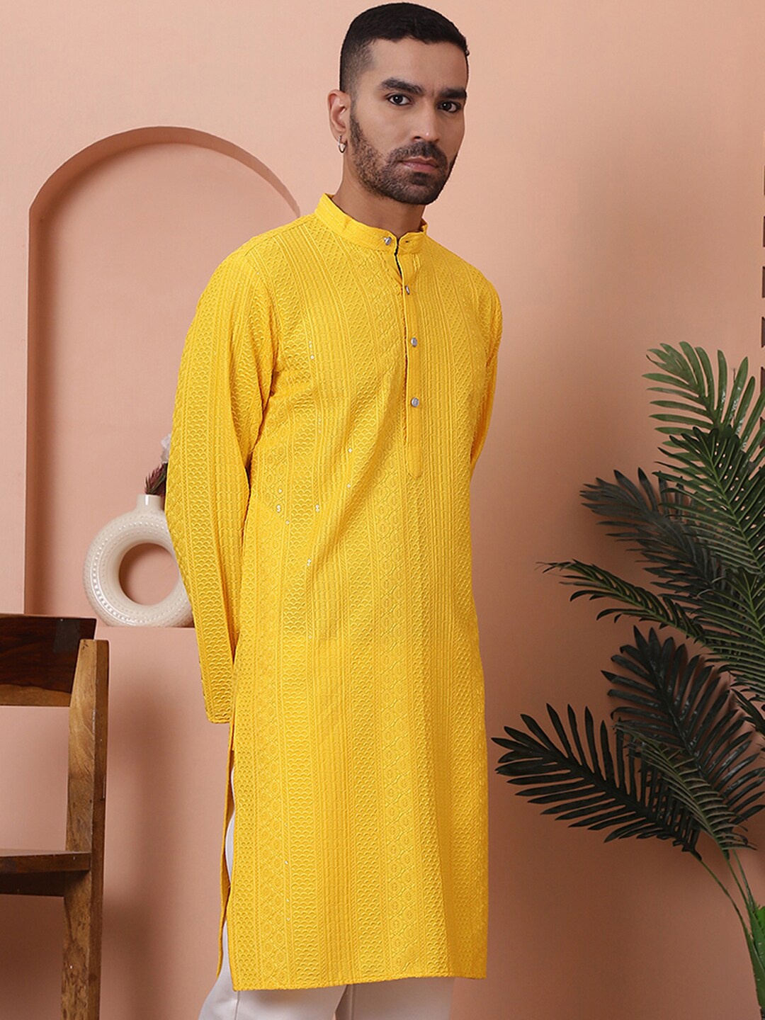 

Anouk Geometric Woven Design Sequins Angrakha Straight Kurta, Yellow