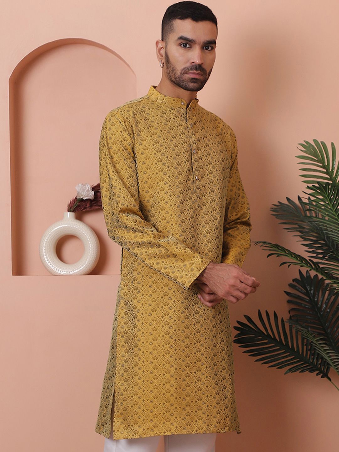 

Anouk Geometric Printed Mandarin Collar Full Sleeves Jacquard Cotton Silk Straight Kurta, Yellow