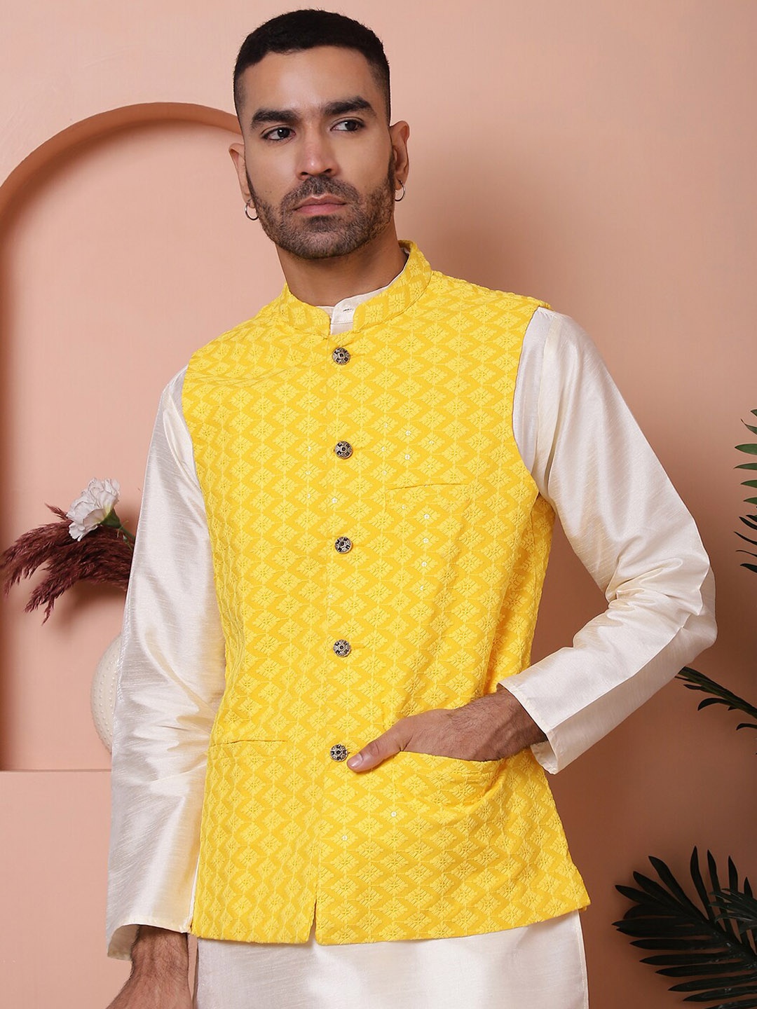 

Anouk Embroidered Mandarin Collar Sequinned Nehru Jacket, Yellow