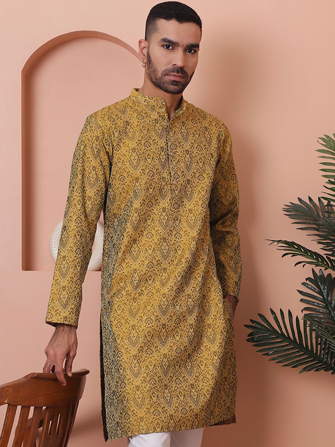 

Anouk Yellow Ethnic Motifs Self Design Band Collar Zari Jacquard Cotton Silk Kurta