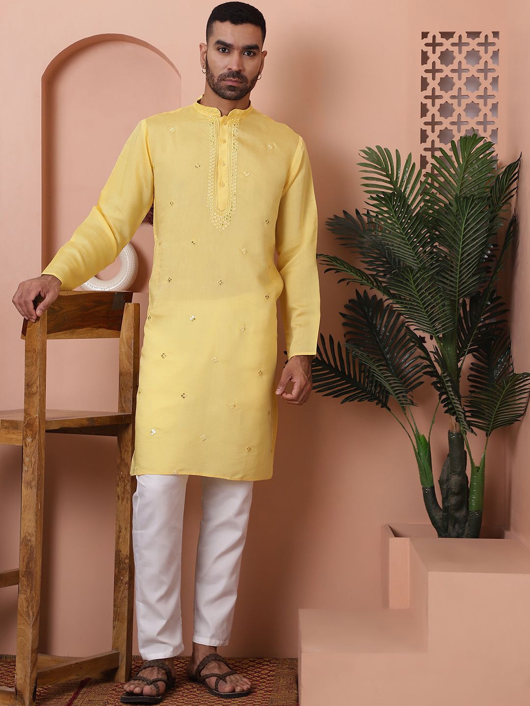 

Anouk Yellow Ethnic Motifs Embroidered Mandarin Collar Mirror Work Cotton Silk Kurta