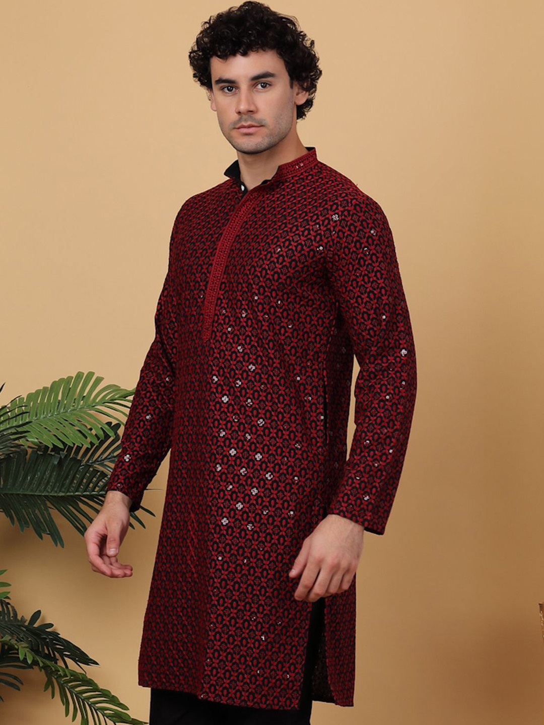 

Anouk Abstract Thread Work Mandarin Collar Pathani Kurta, Black