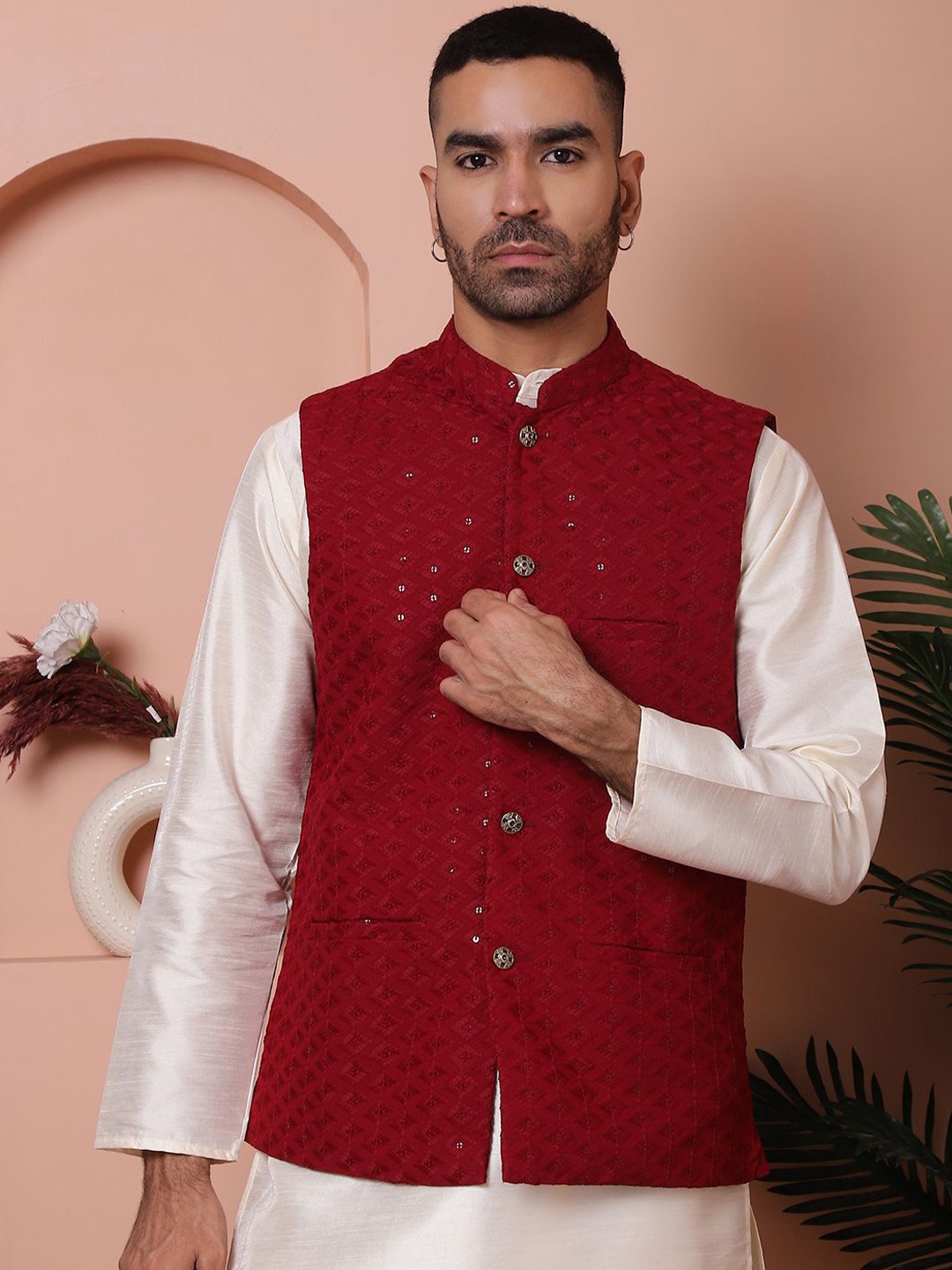 

Anouk Embroidered Mandarin Collar Sequinned Nehru Jacket, Maroon