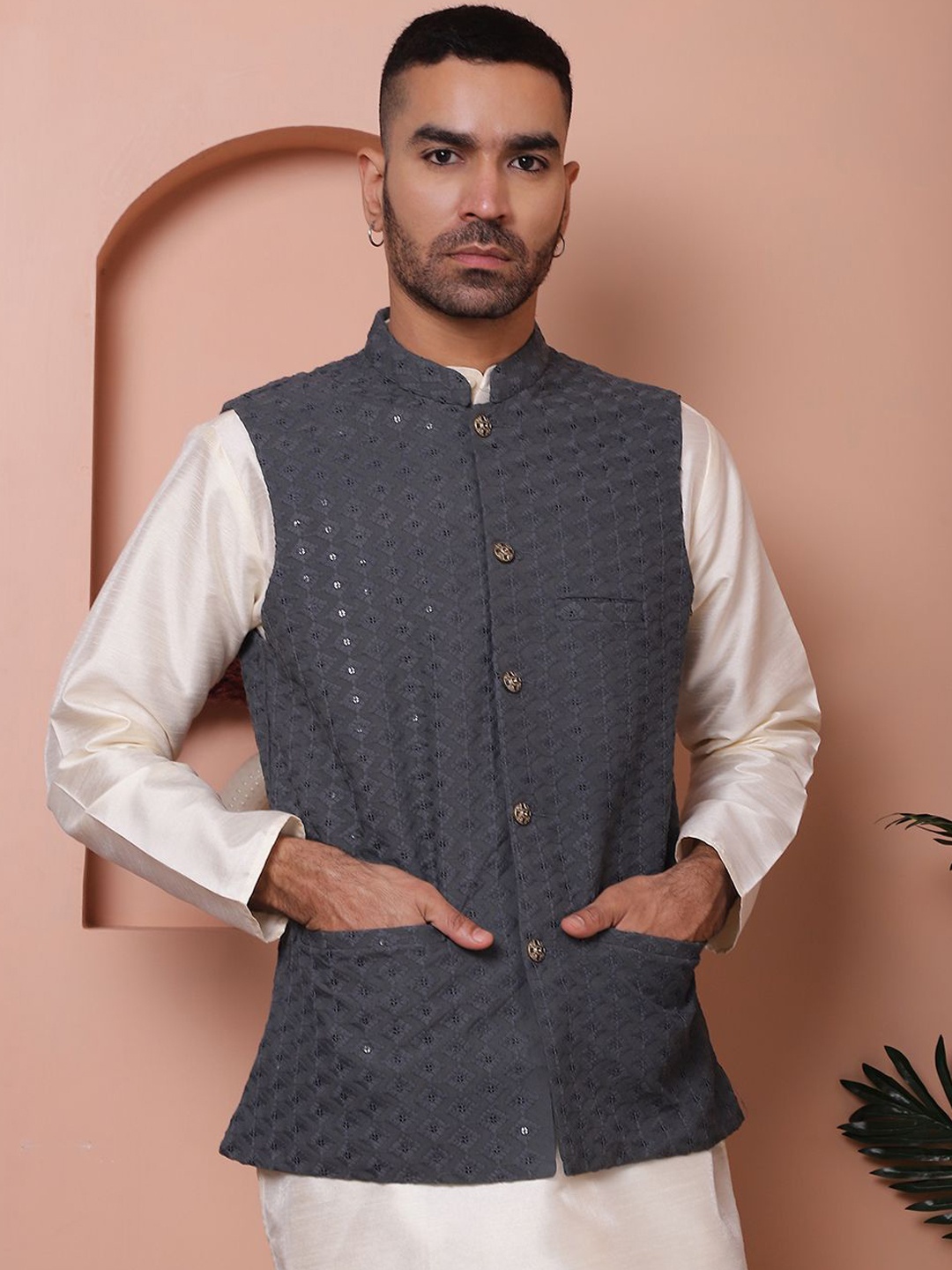 

Anouk Embroidered Mandarin Collar Sequinned Nehru Jacket, Grey