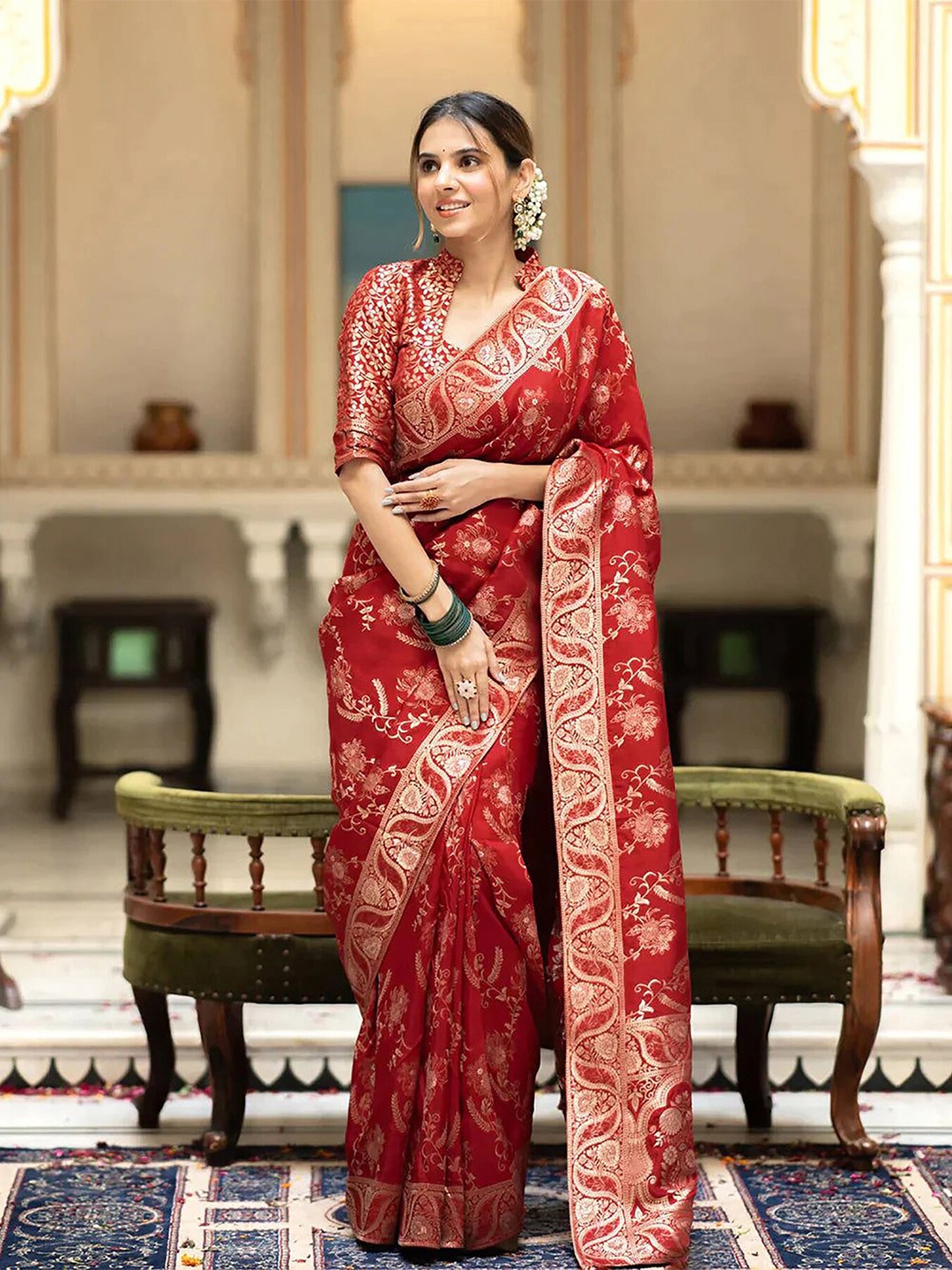 

BerMondsey Ethnic Motifs Zari Banarasi Saree, Red